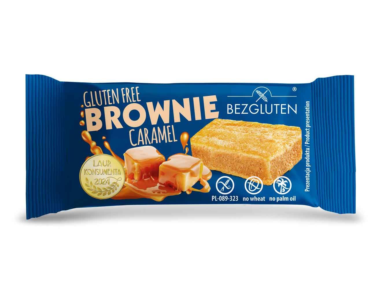 Blauer Riegel mit Aufschrift 'Gluten Free Brownie Caramel' und Bezgluten-Logo. Abbildung von Brownie und Karamell.