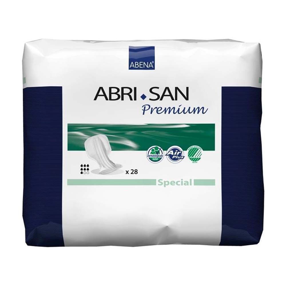 Abena Abri-San Premium Air Spezial. Weiße Verpackung mit Produktabbildung. Text: Abri-San Premium, Air Plus, Special, x 28.