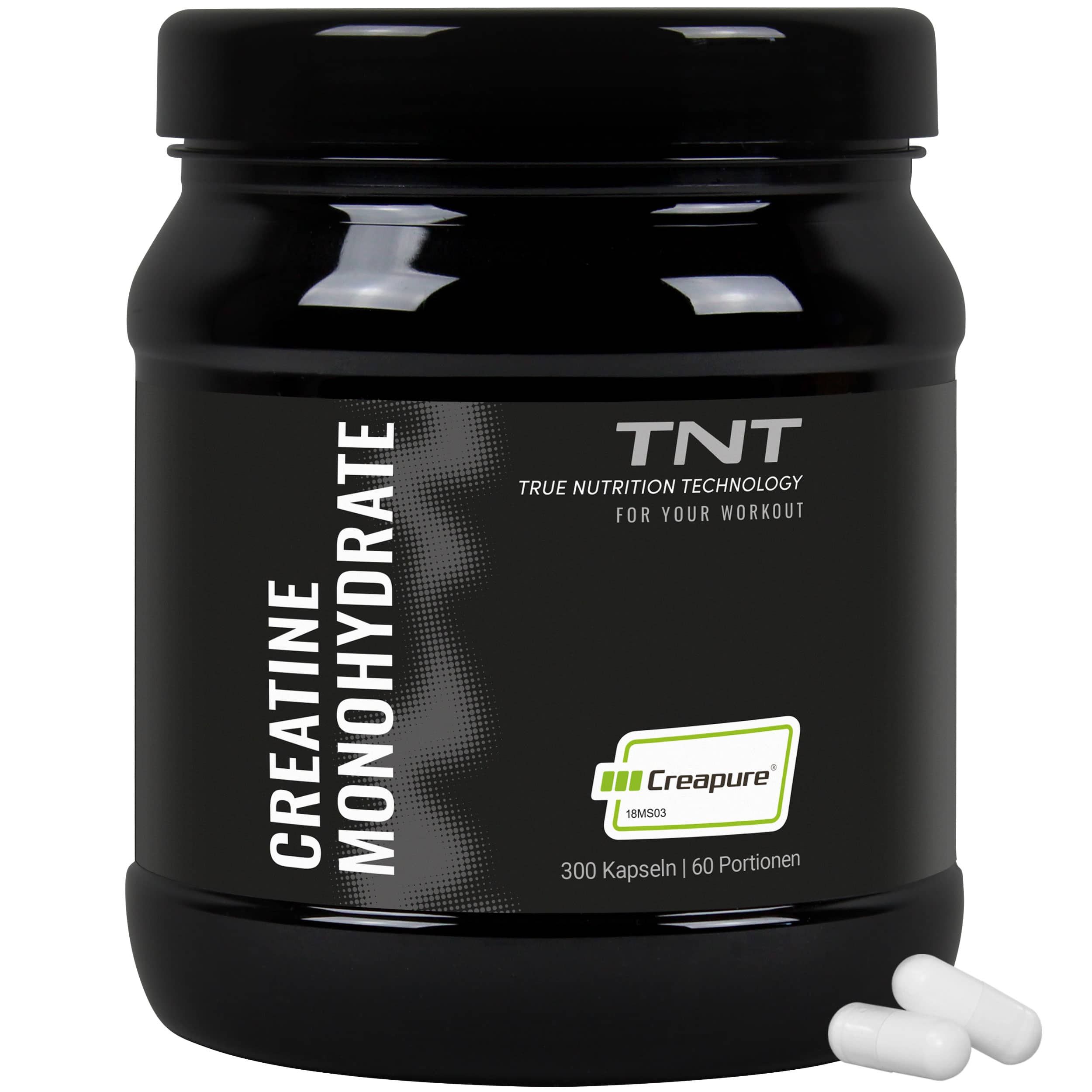 Schwarze Dose mit weißem Etikett. Aufschrift: Creatine Monohydrate, TNT, Creapure®. Enthält Kapseln.