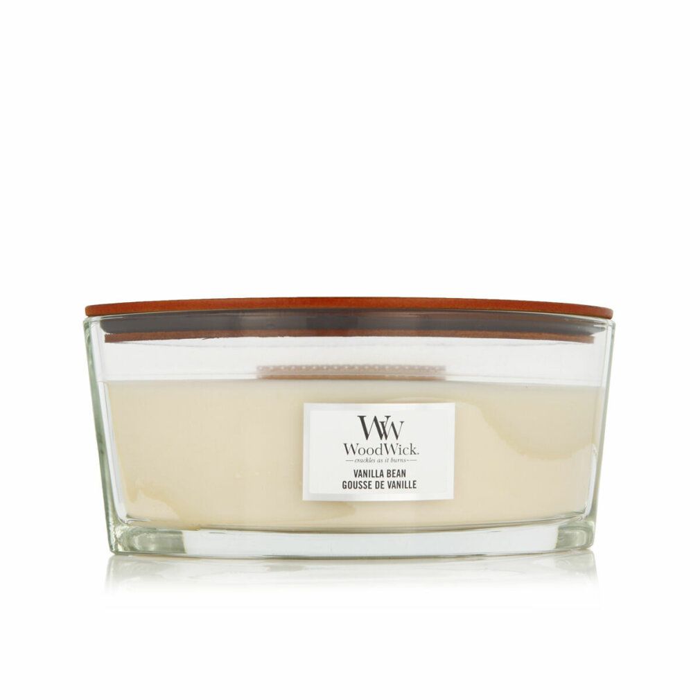 Kerze mit Glasbehälter, Holzdeckel. Aufkleber "WoodWick Vanilla Bean".