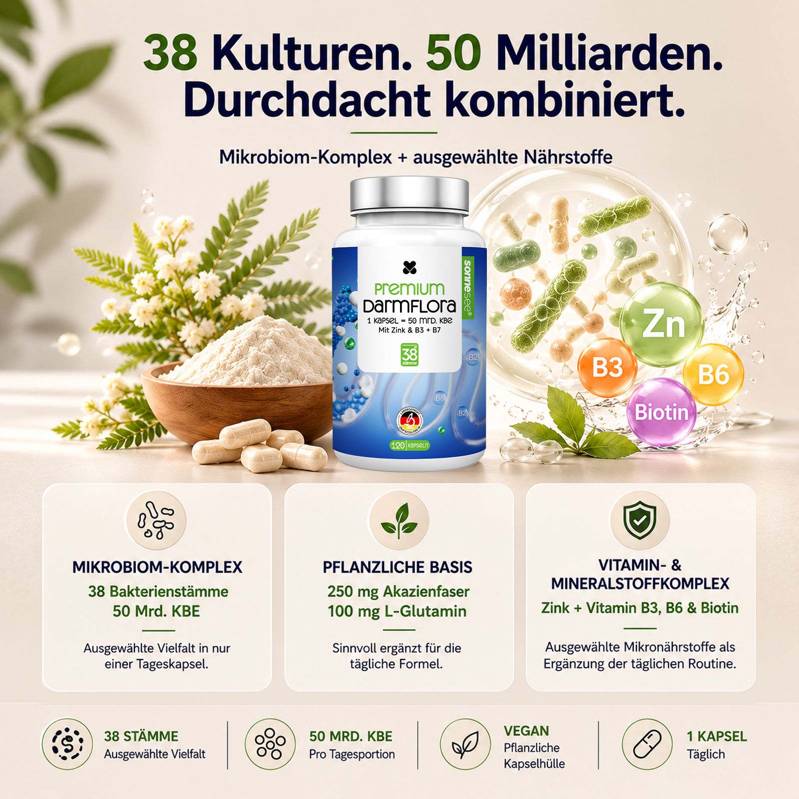 Produktflasche umgeben von Darstellungen von Bakterienkulturen und Nährstoffen wie Zink, B3, B6 und Biotin.