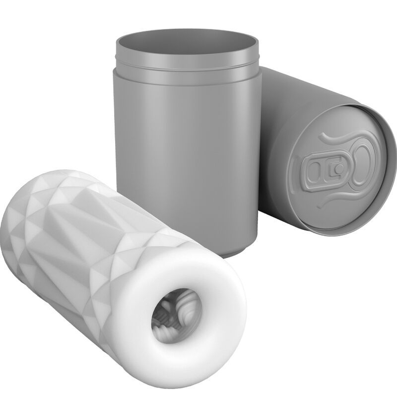 Graue Dose und Deckel, daneben weißer Masturbator mit rautenförmiger Oberfläche. Innenansicht des Masturbators sichtbar.