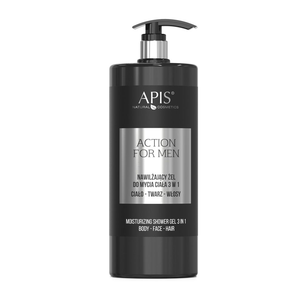 Schwarze Flasche mit Pumpe. Aufschrift: APIS, ACTION FOR MEN, Feuchtigkeitskörpergel 3 in 1. Für Körper, Gesicht und Haar.