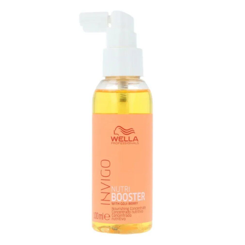 Flasche mit orangefarbenem Etikett. Aufschrift: Invigo Nutri Booster. Mit Goji-Beere. Mit Dosierspender.