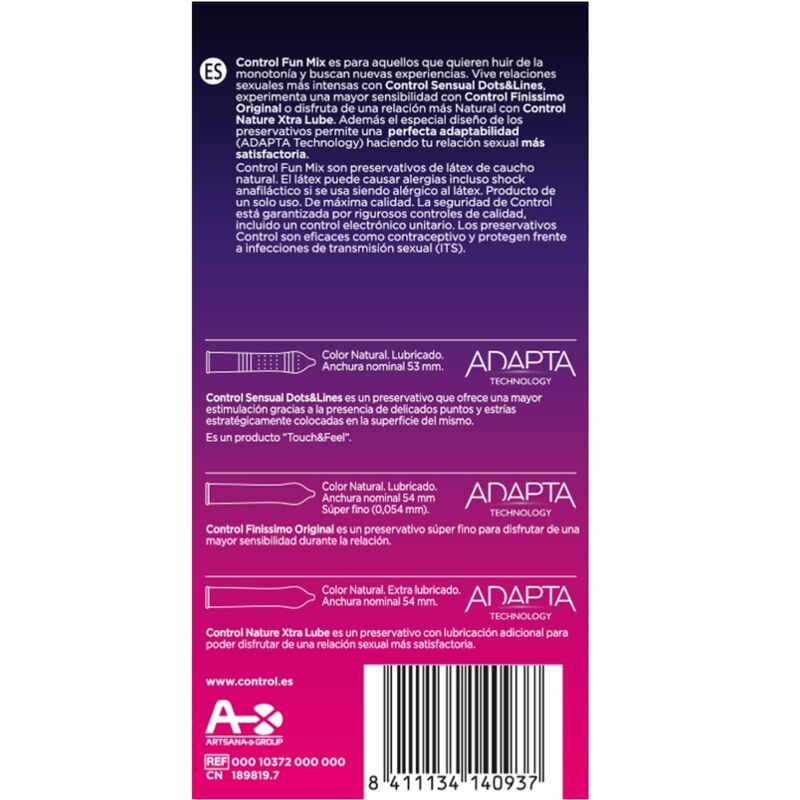 Rückseite der Control Fun Mix Kondom-Verpackung. Enthält Produktinformationen, Inhaltsstoffe und Herstellerdetails.