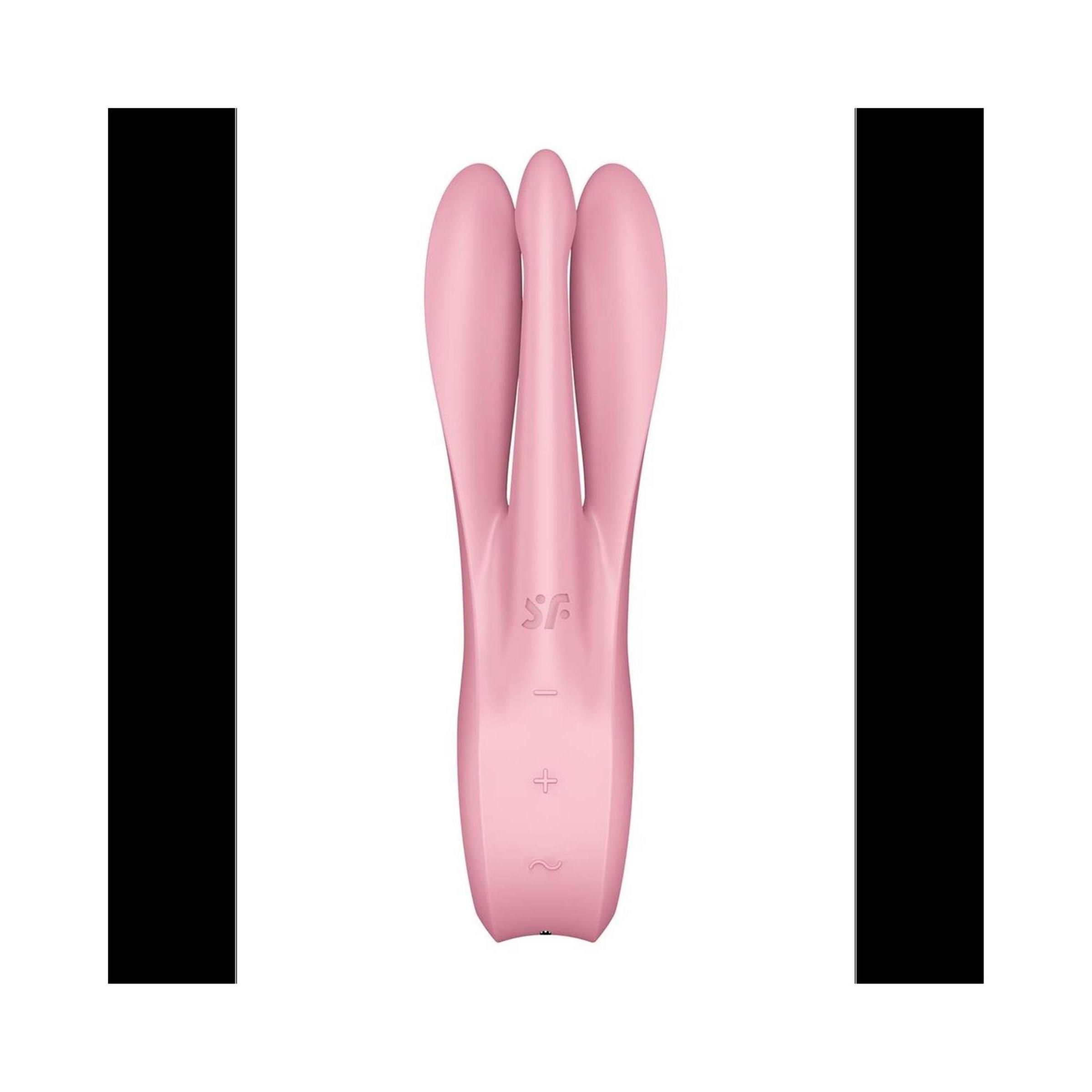 Rosa Vibrator mit drei abgerundeten Enden. Vertikale Ansicht.