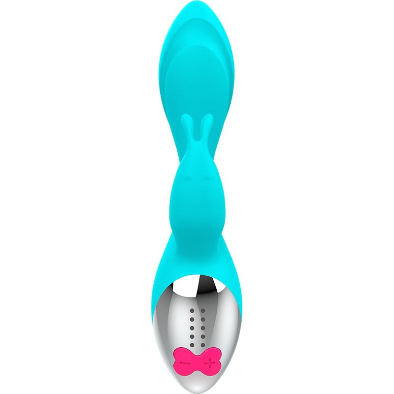 Türkisfarbener Vibrator mit silbernem Kopf und pinkfarbenen Bedienelementen. Hasenohren-Design.