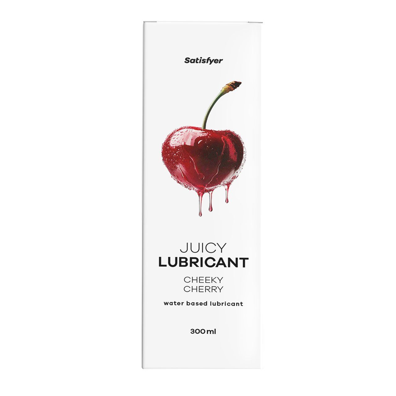 Weißer Karton mit Kirsch-Illustration und Schriftzug "JUICY LUBRICANT CHEEKY CHERRY". Marke: Satisfyer. 300ml.