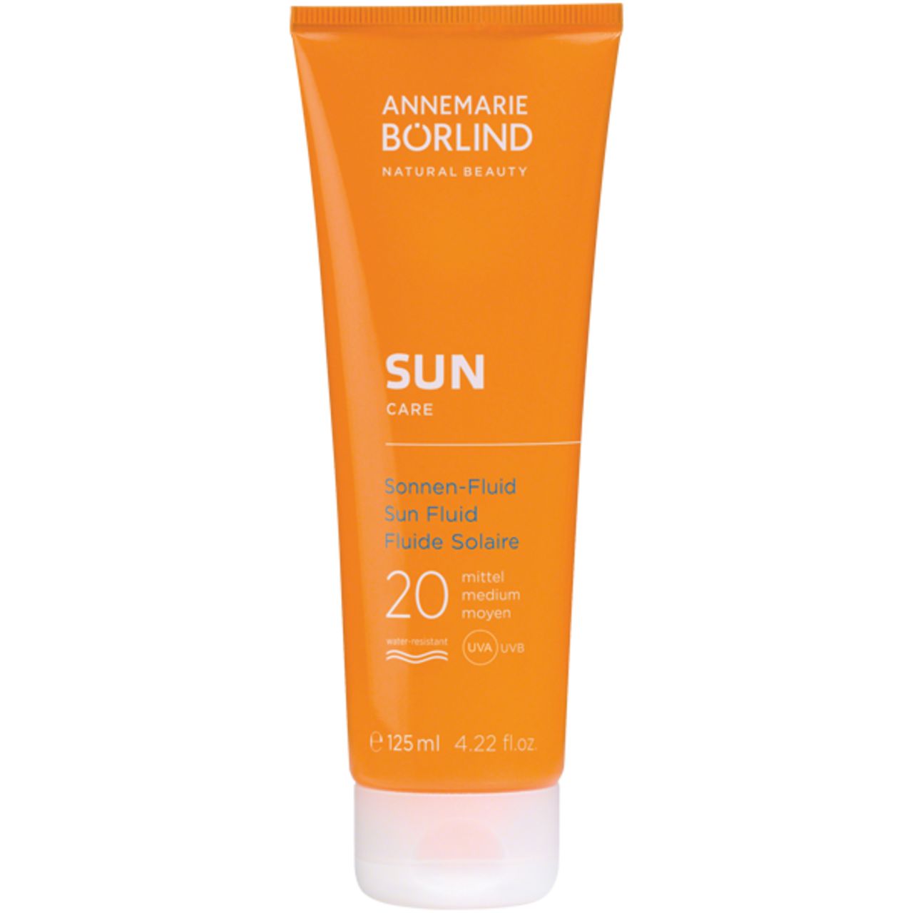 Orange Tube mit Sonnen-Fluid LSF 20. Marke: ANNEMARIE BÖRLIND. Text: SUN CARE, Sonnen-Fluid, 125 ml.