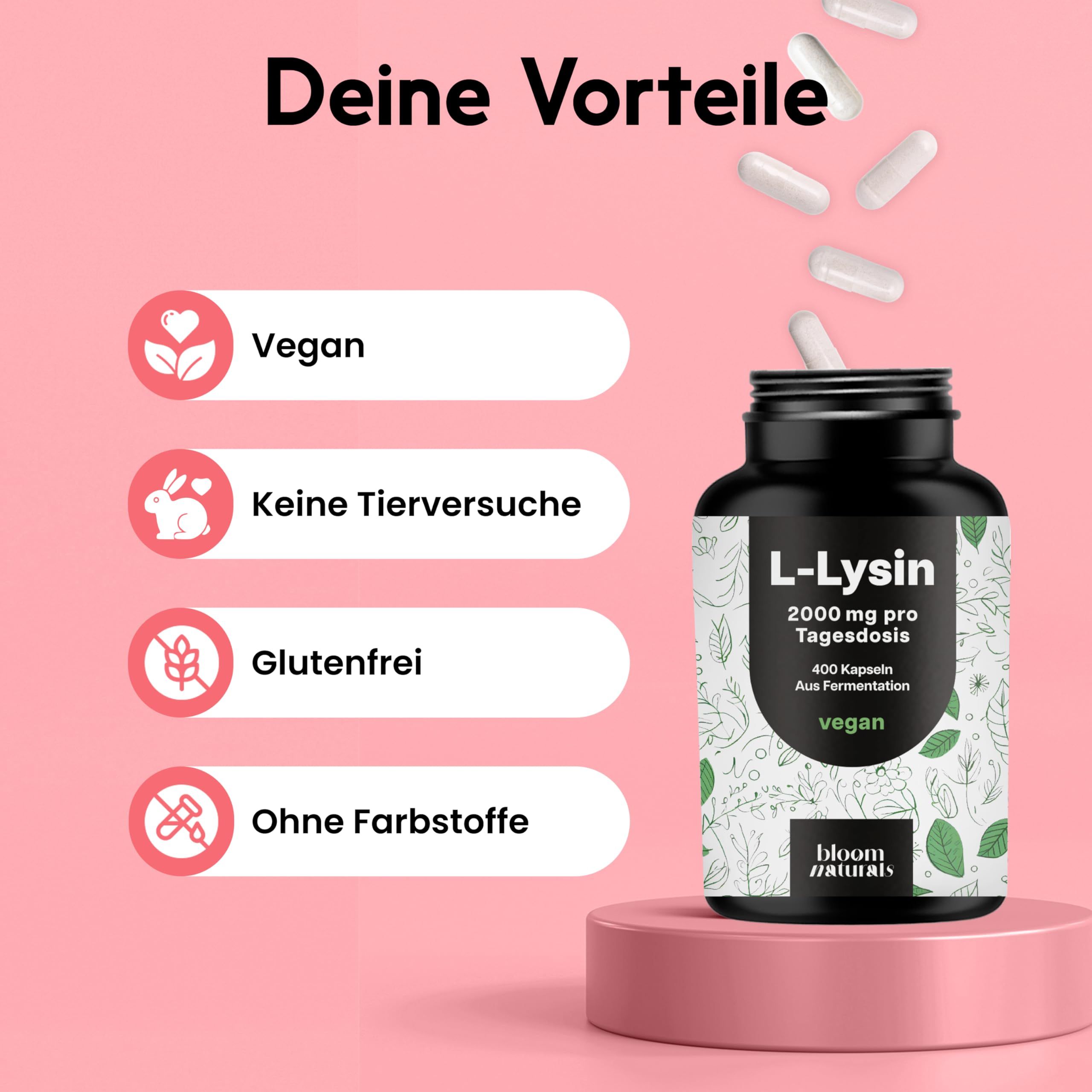 Produktflasche mit Kapseln. Text: Vegan, Keine Tierversuche, Glutenfrei, Ohne Farbstoffe. Hintergrund rosa.