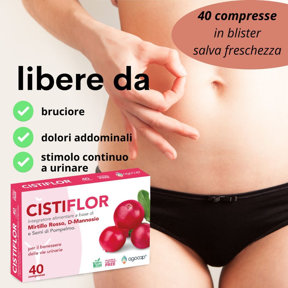 Donna in intimo. Scatola Cistiflor con illustrazione di mirtilli rossi. Testo: Libera da bruciore, dolori addominali, stimolo a urinare.