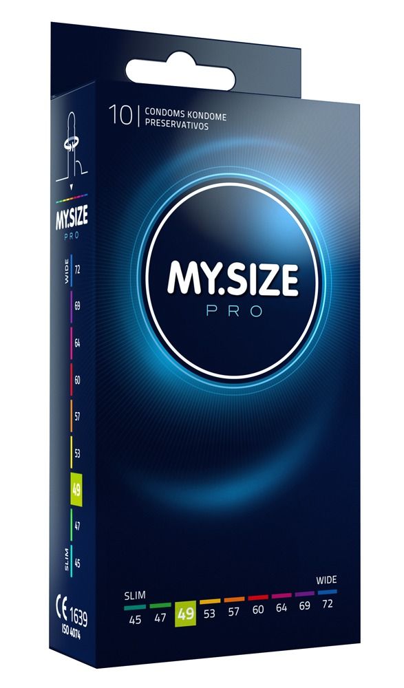 Kondom-Schachtel. MY.SIZE PRO, 49mm. 10 Stück. Größenangaben: Slim bis Wide. Schwarzer Hintergrund mit blauen Akzenten.