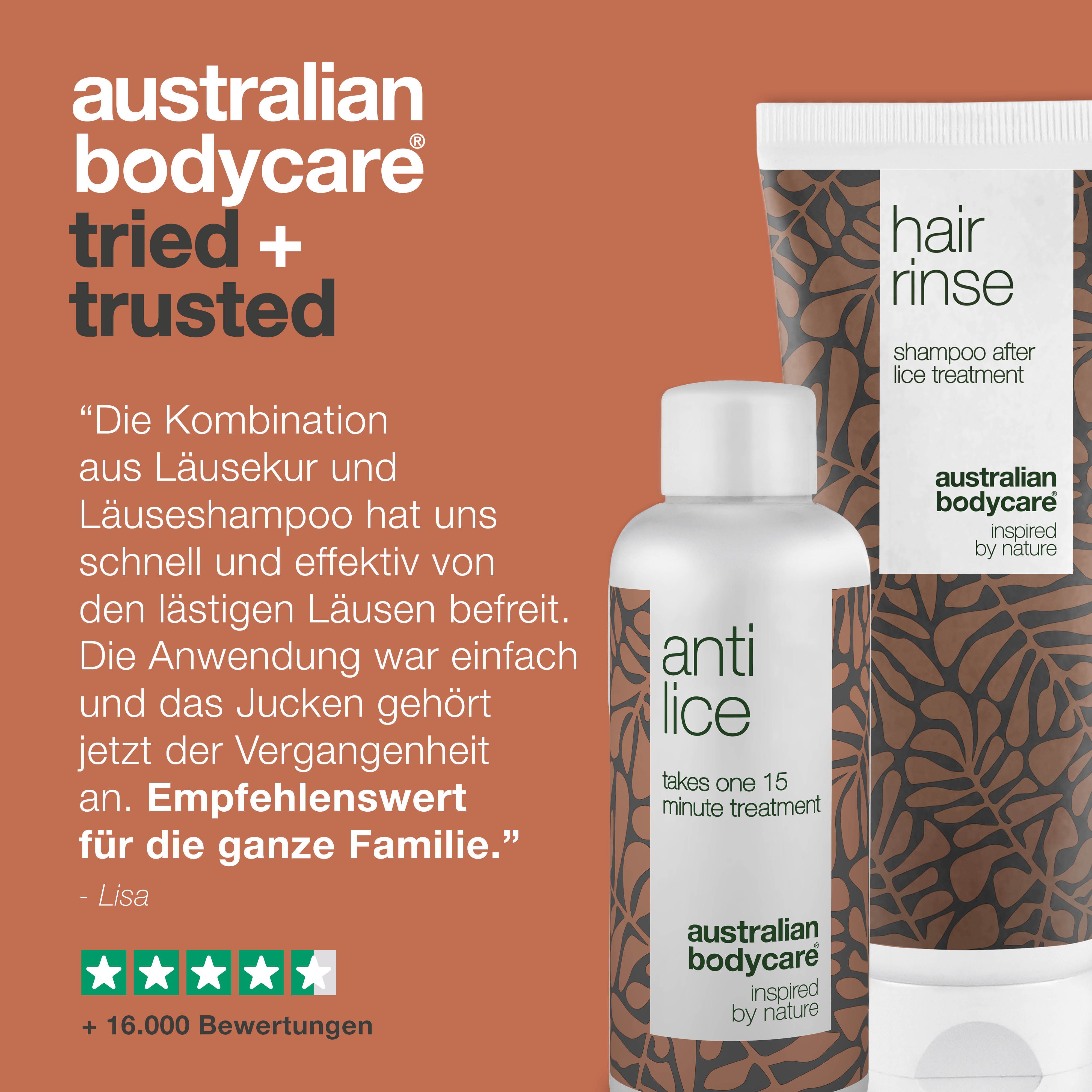 Diagramm: Australian Bodycare, bewährt und vertraut. Produkte "Hair Rinse" und "Anti Lice".