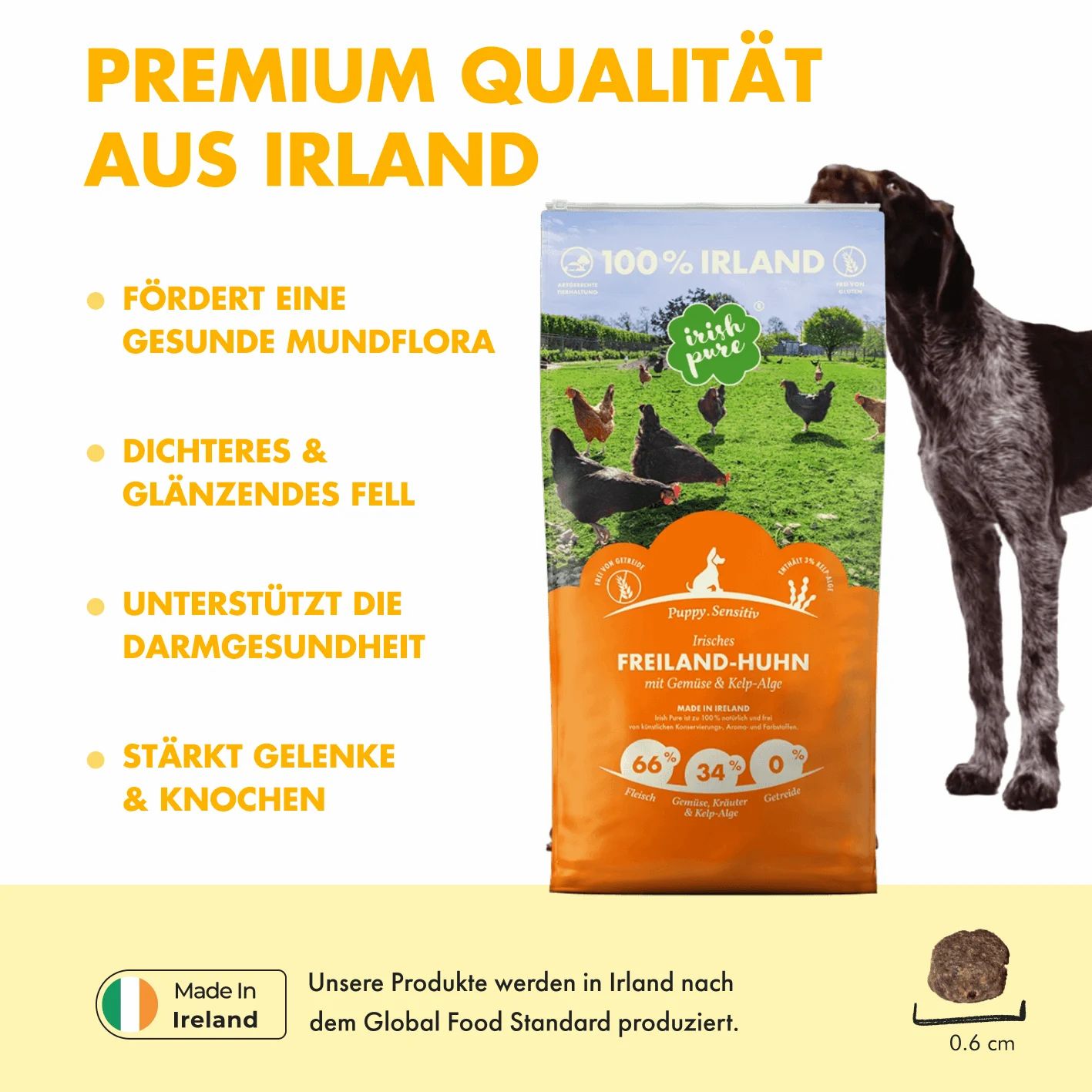 Hundefutter "Irish Pure" mit Lamm & Huhn, mit Hund und Sack.