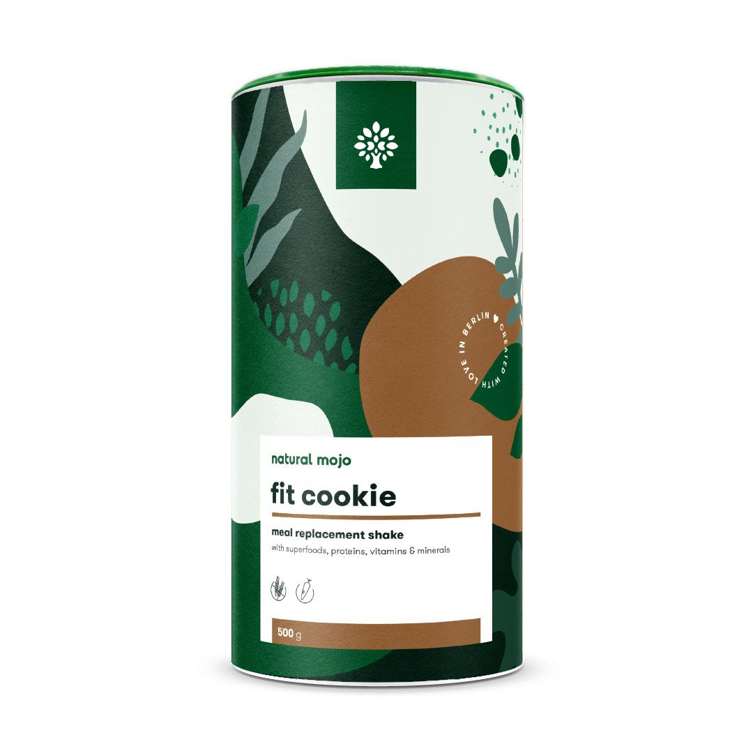 Zylindrische Dose mit grünem Deckel. Aufschrift: natural mojo fit cookie, Mahlzeitenersatz-Shake. Grün-braunes Design mit Blättern.