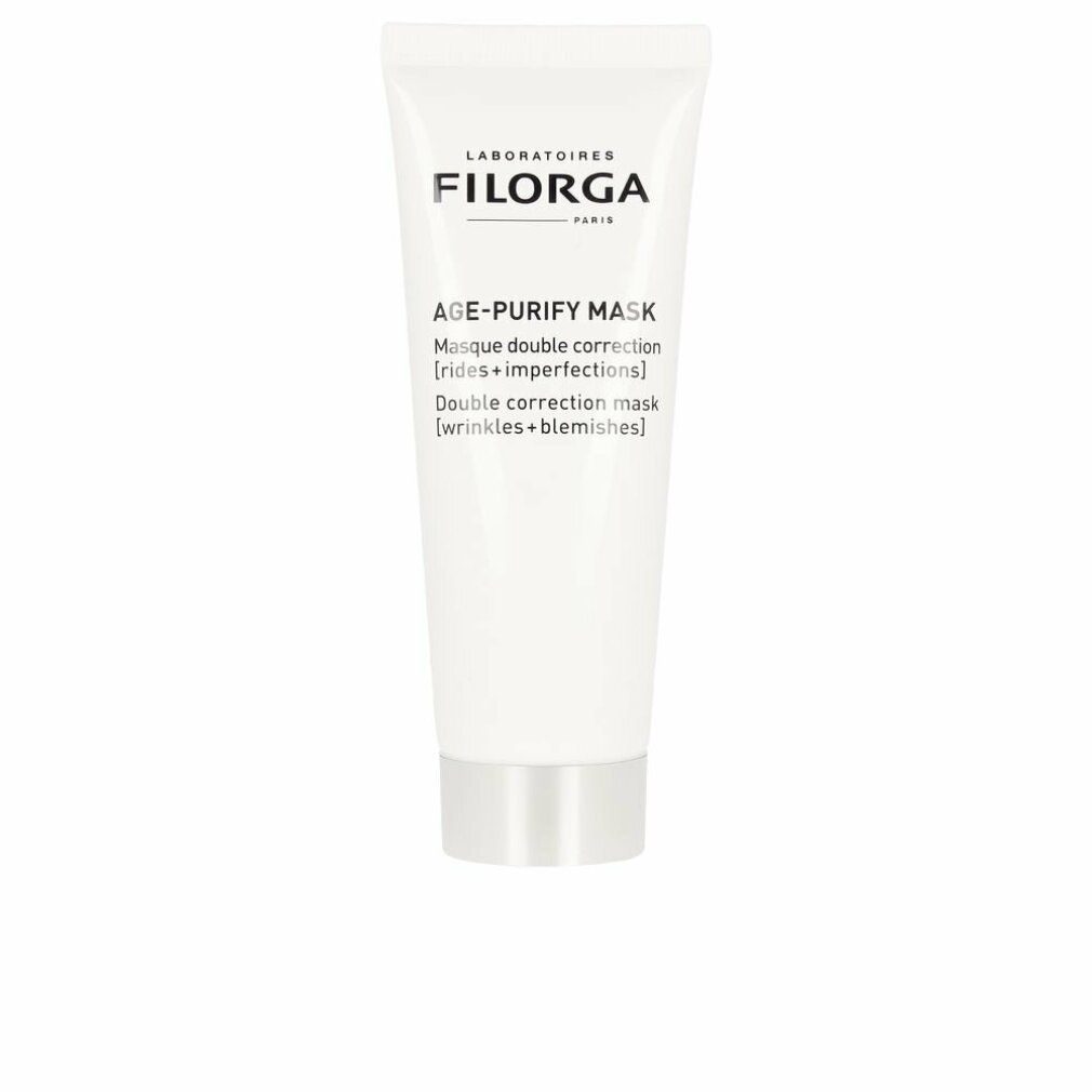 Weiße Tube mit silbernem Boden. Aufschrift: FILORGA, AGE-PURIFY MASK. Doppelkorrektur Maske für Falten und Unreinheiten.