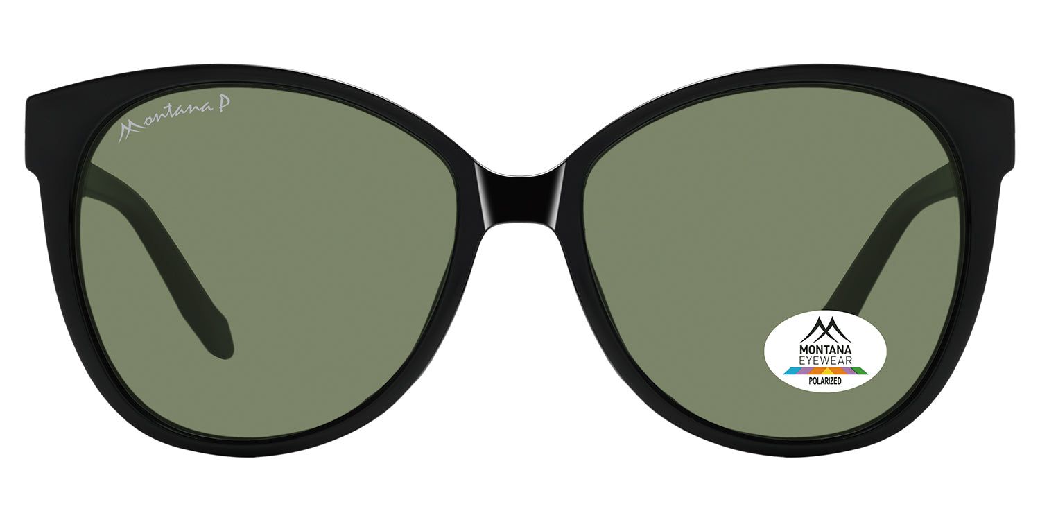 Schwarze Sonnenbrille mit grünen Gläsern. Montana Eyewear Logo und polarisiertes Siegel. Katzenaugenform.