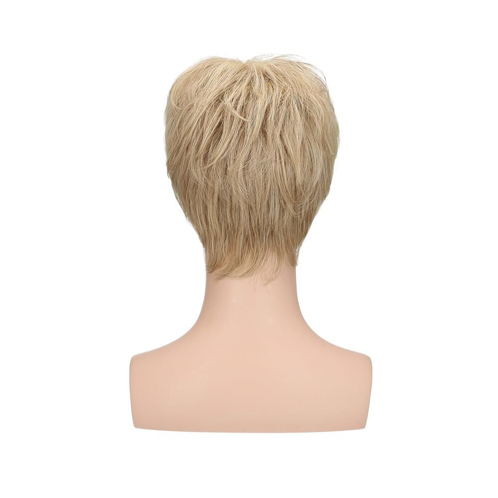 Blonde Perücke auf einem Schaufensterkopf. Kurzer, gestufter Schnitt. Rückansicht des Kopfes.