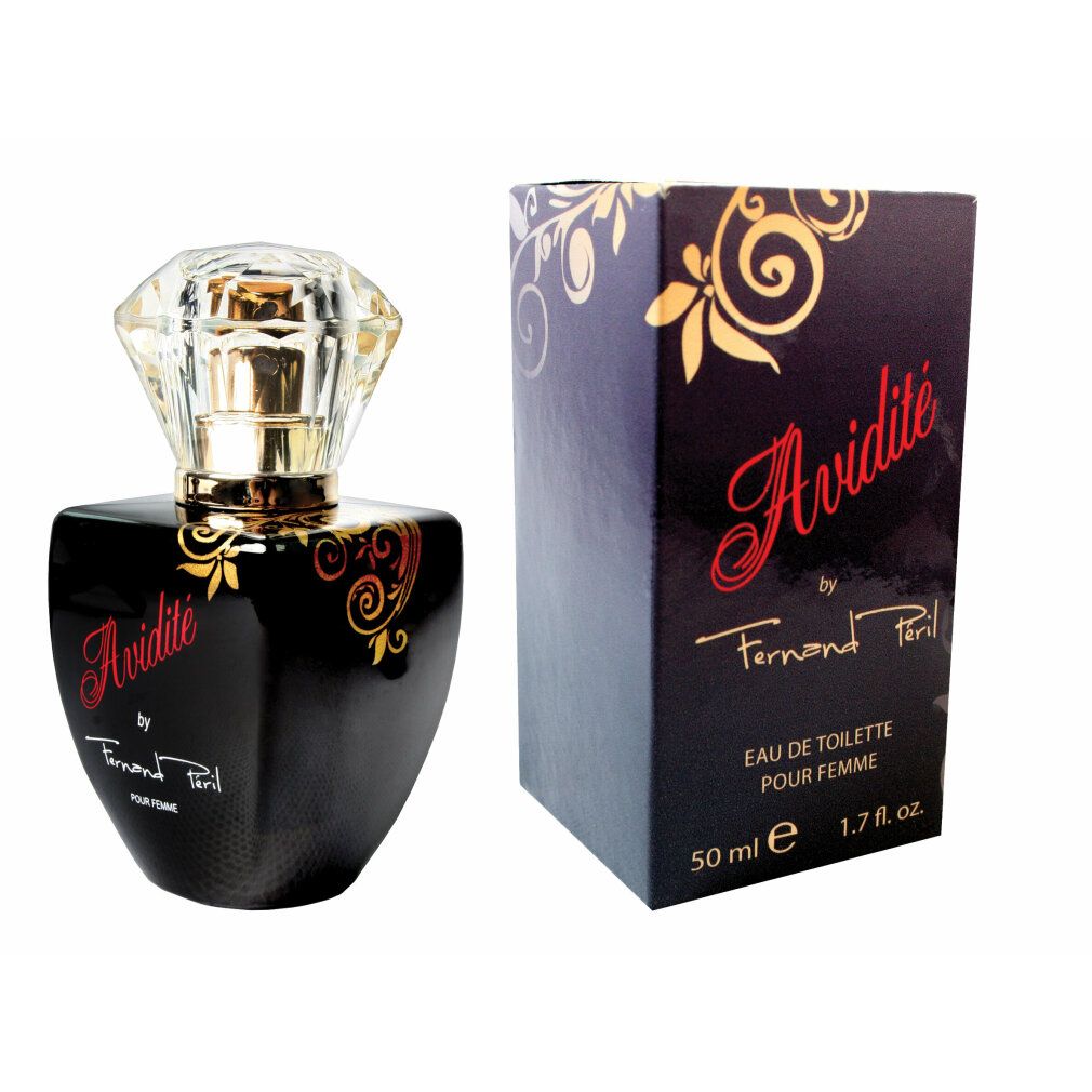 Schwarzer Flakon mit Diamantverschluss und Verpackung. Aufschrift "Avidité by Fernand Péril". 50 ml.