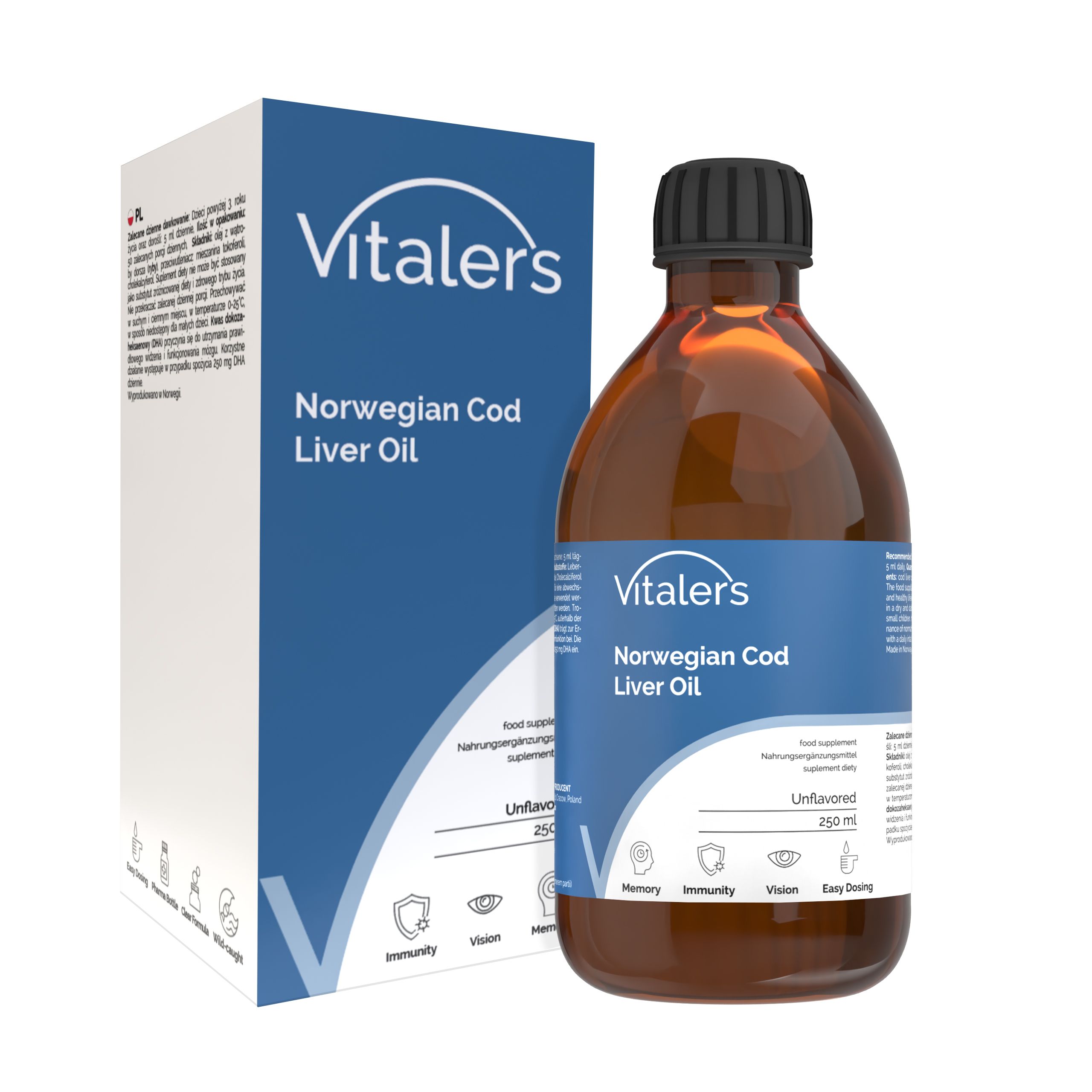 Vitaler’s Omega-3 Lebertran, Vitamine D und E, Geschmacksneutral 250 ml Öl
