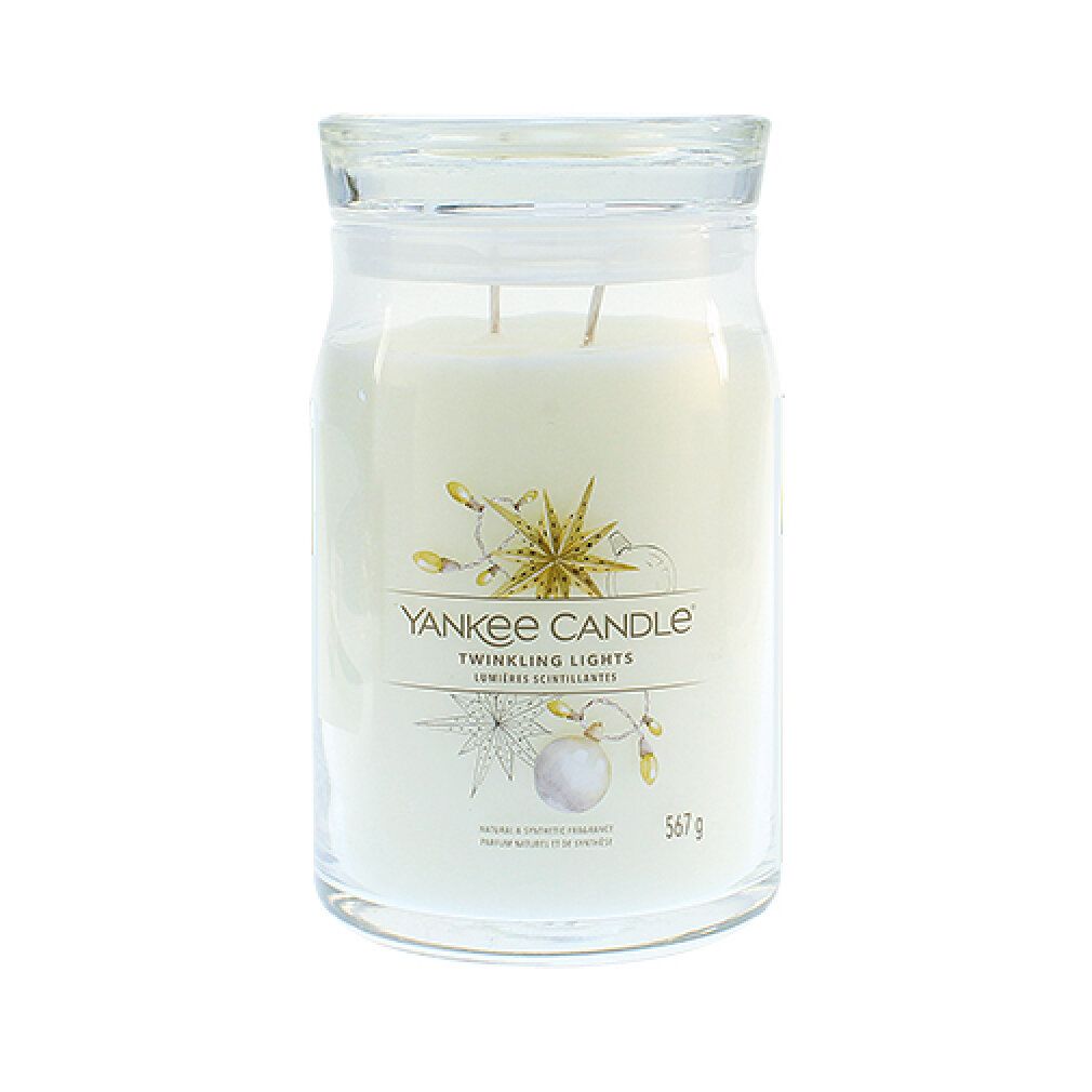 Glasbehälter mit Kerze. Aufschrift: Yankee Candle Twinkling Lights. Mit Deckel und zwei Dochten. Gewicht: 567 g.