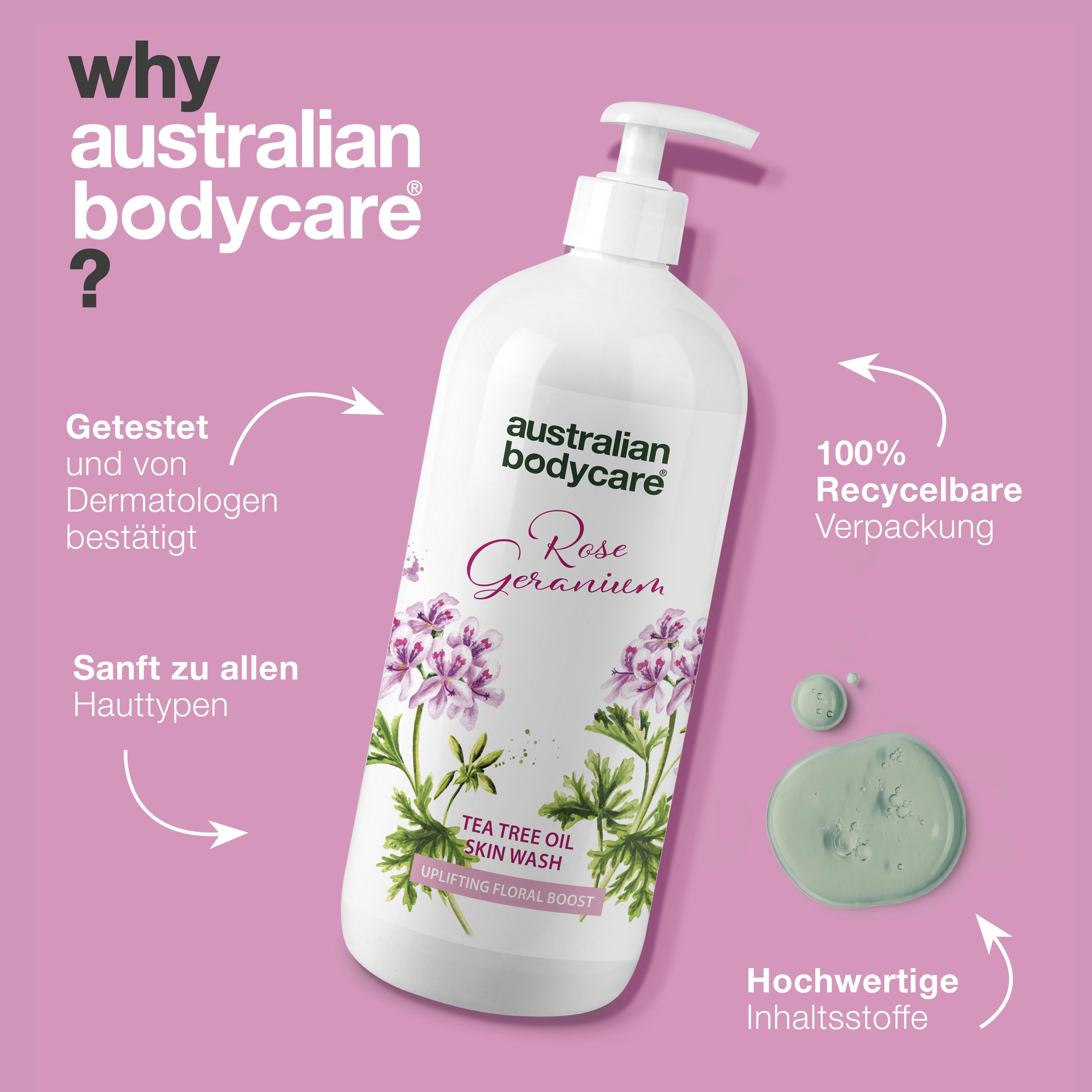 Produktflasche mit Pumpe. Aufschrift: Rose Geranium, Tea Tree Oil Skin Wash. Text: Warum Australian Bodycare?