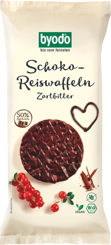 Byodo Schoko-Reiswaffeln Zartbitter mit 50% Schokolade, Beeren und Zimt.