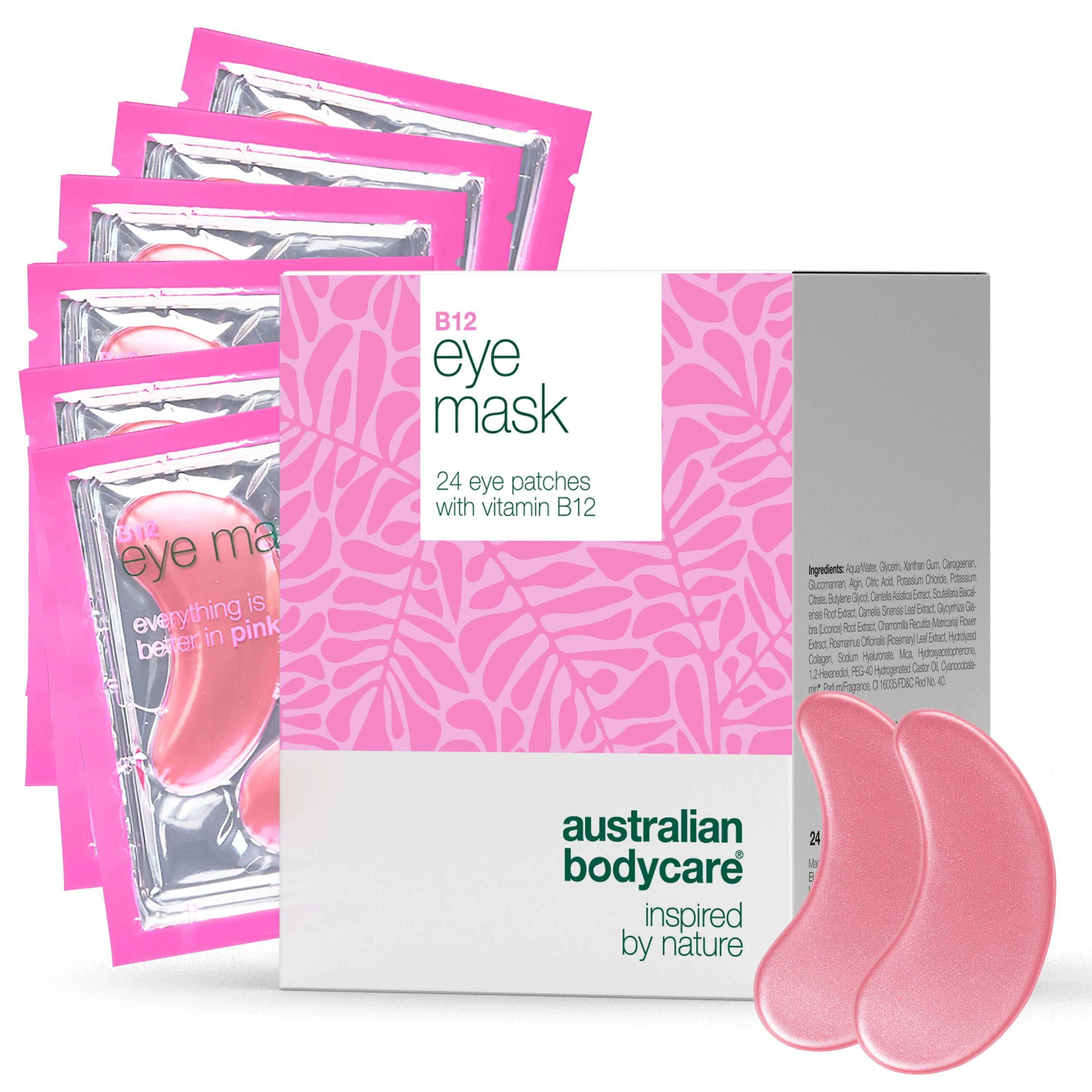 Rosa Augenmasken-Packungen und eine Schachtel. Aufschrift: B12 eye mask, 24 eye patches with vitamin B12. Marke: Australian Bodycare.