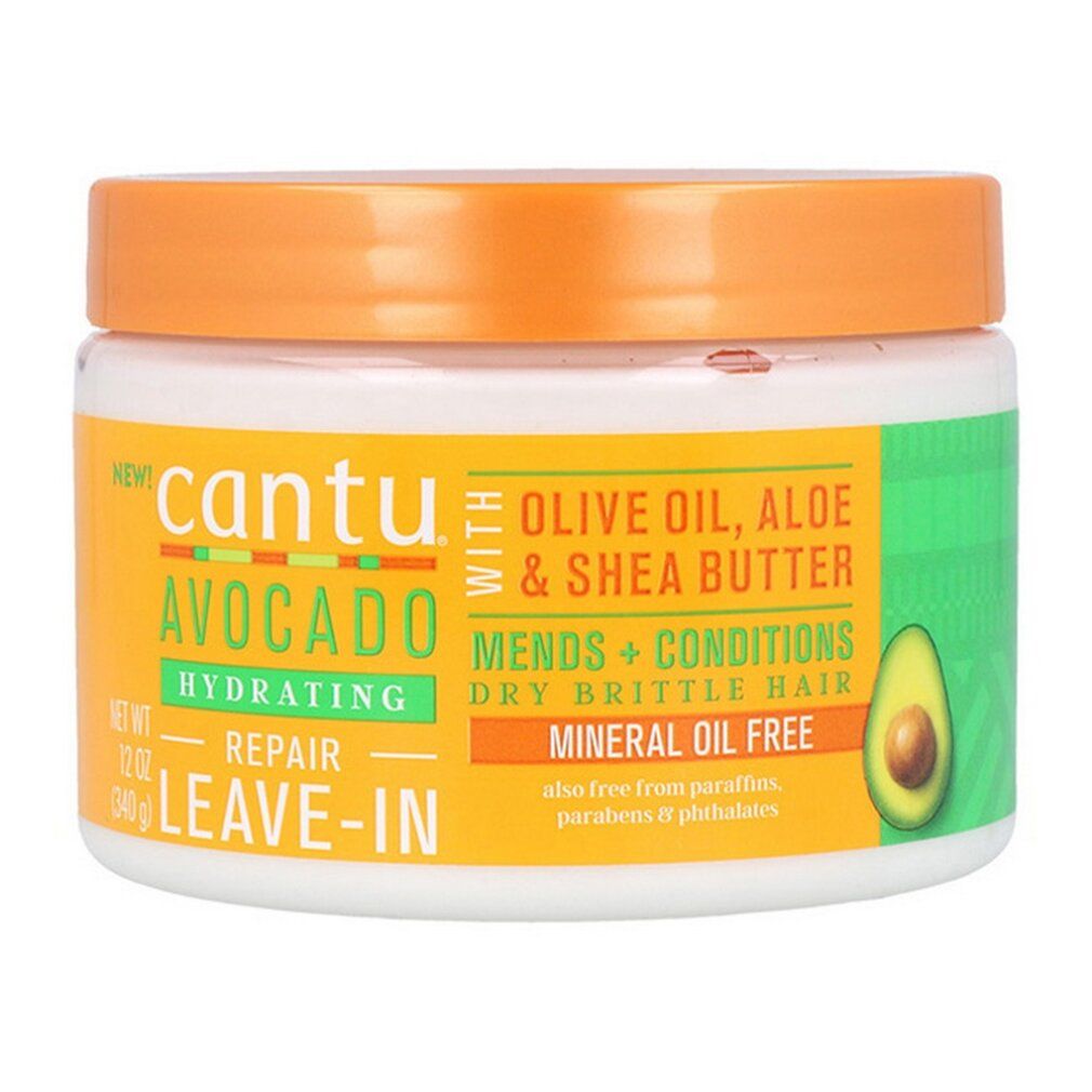 Cantu Avocado Hydrating Repair Leave-In. Weiße Dose mit orangefarbenem Deckel. Gelbes Etikett mit grünen und weißen Akzenten. Avocado-Illustration.