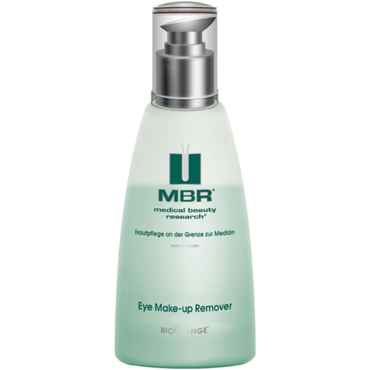 Flasche mit grünlicher Flüssigkeit und silberfarbenem Pumpkopf. Aufschrift: MBR, Eye Make-up Remover.