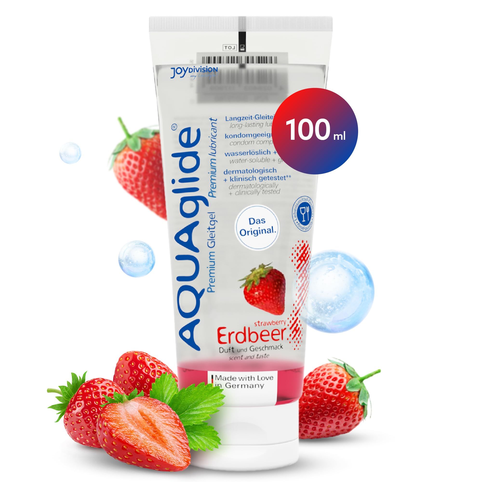 AquaGlade Erdbeer Gleitgel Tube, 100ml, mit Erdbeer-Design.