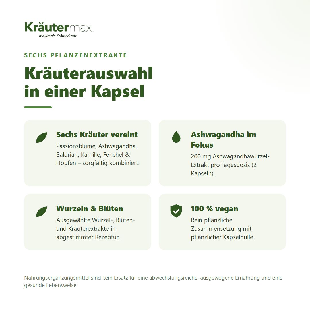Zutatenliste: Ashwagandha-, Baldrian-, Kamillen-, Fenchel-, Hopfen- und Passionsblumen-Extrakt mit Mengenangaben.