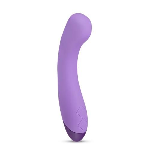 Lila Vibrator mit geschwungener Form. Bedienfeld mit Symbolen. Unterteil dunkelviolett.