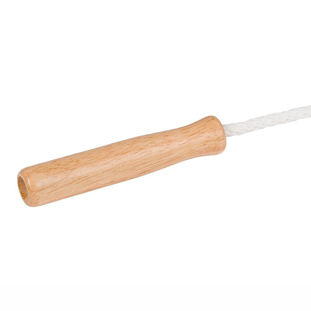 Holzgriff eines Springseils mit weißem Seil. Der Griff ist zylindrisch und aus hellem Holz.