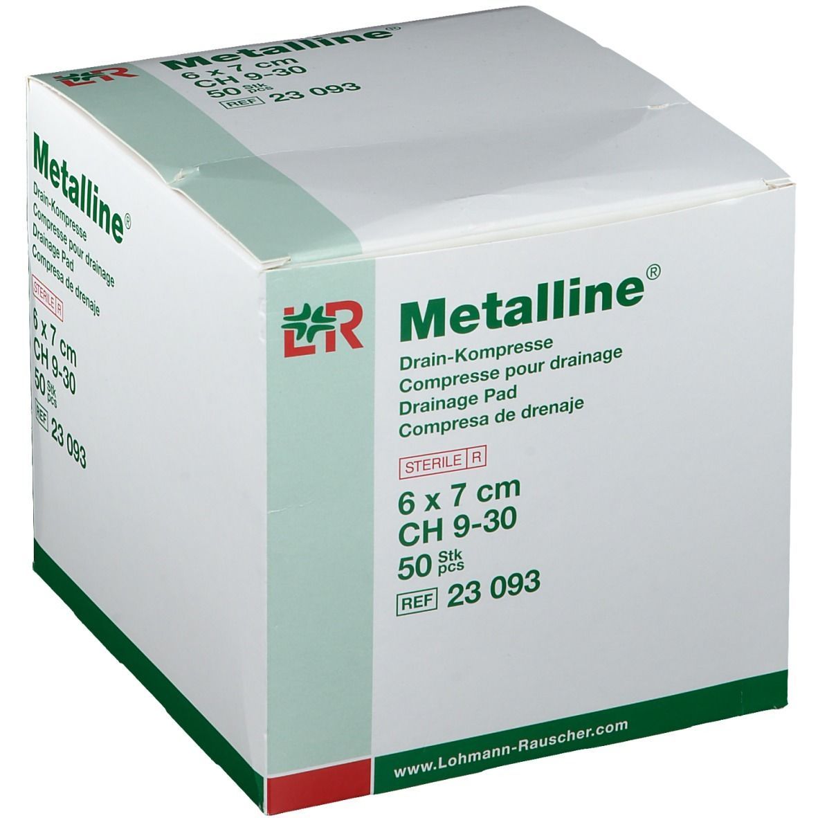 Metalline® Drain-Kompresse, 6 x 7 cm, Packung. Sterile Kompressen für Drainage. Verpackung mit Produktinformationen.