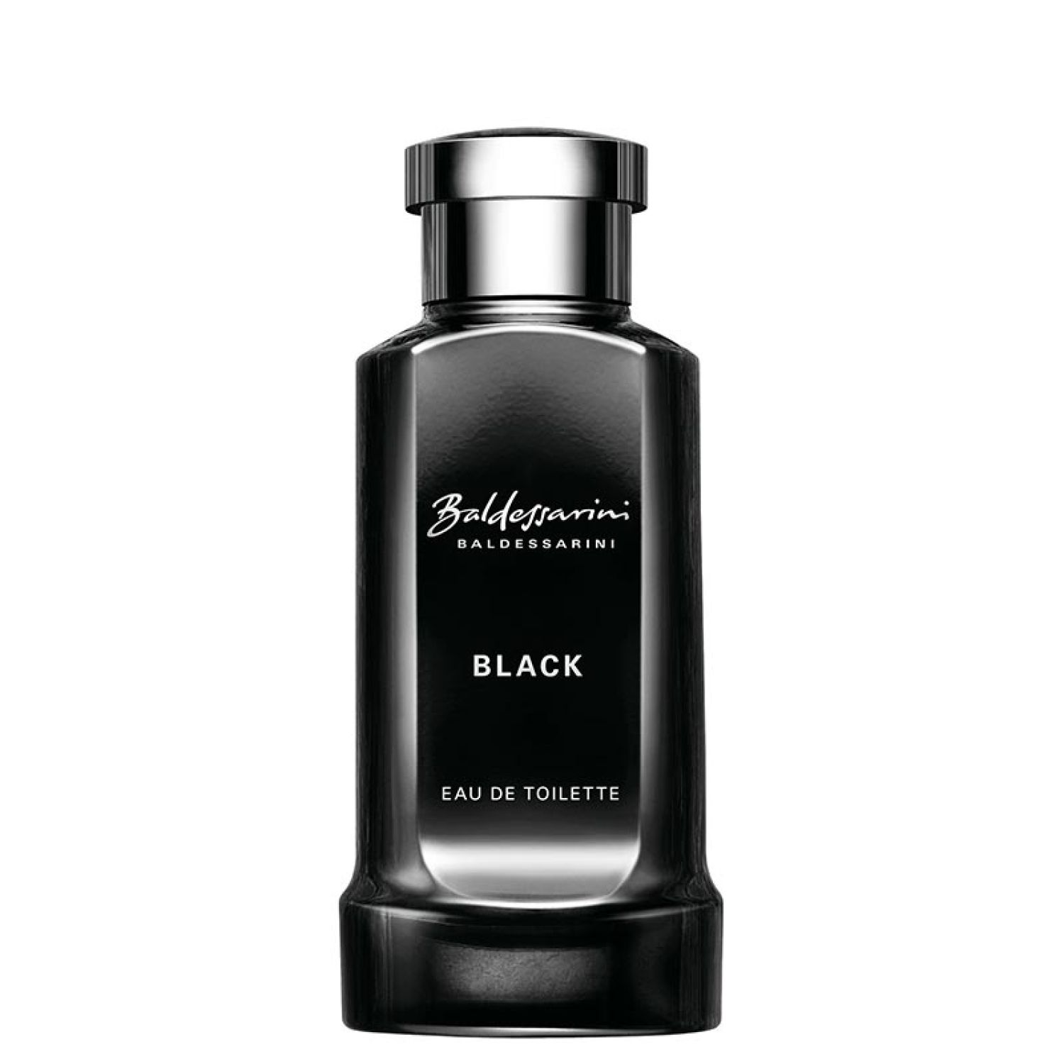 Schwarzer Flakon mit silbernem Verschluss. Aufschrift: Baldessarini Black Eau de Toilette.