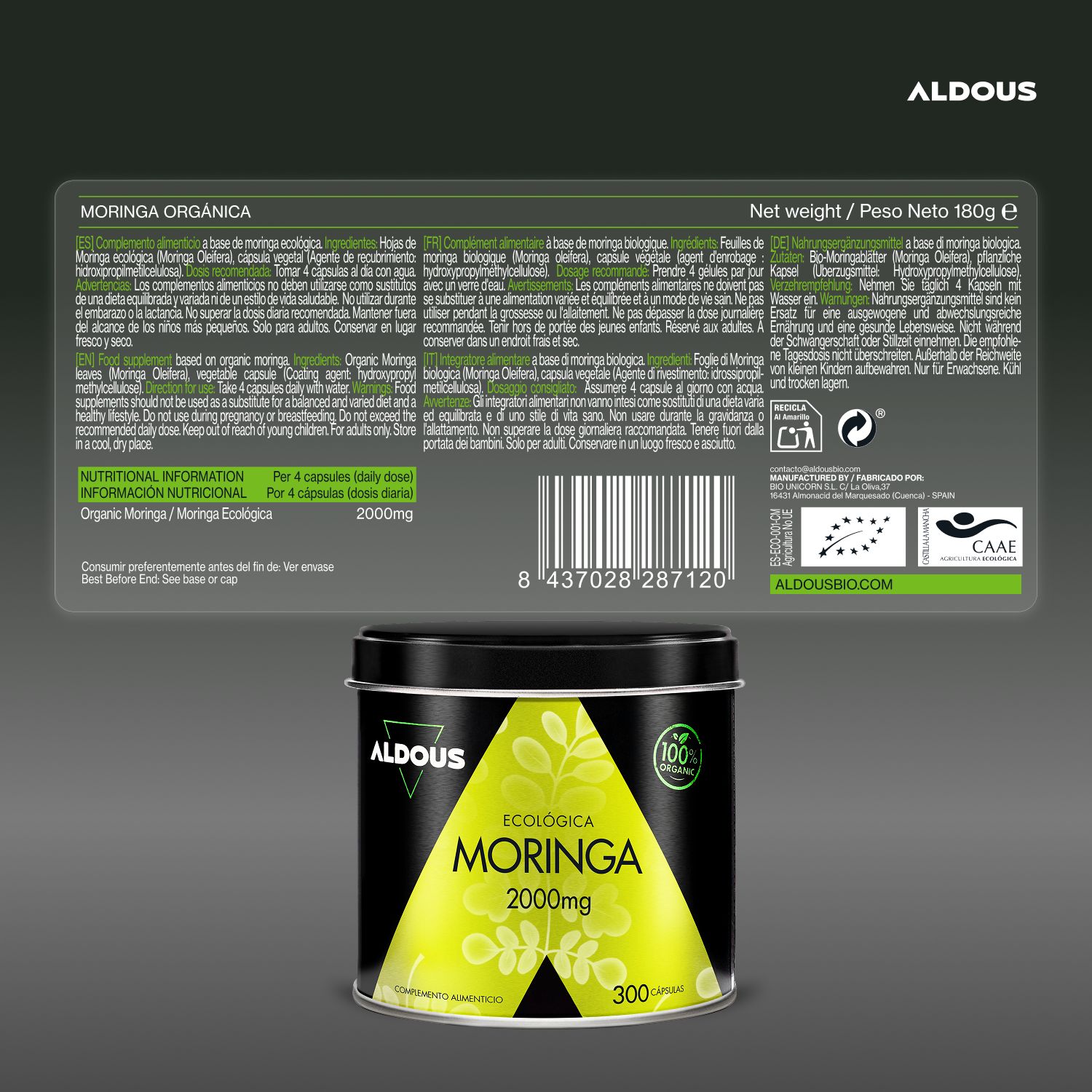 Aldous Moringa Dose, Etikett mit Nährwertangaben und Bio-Siegeln.