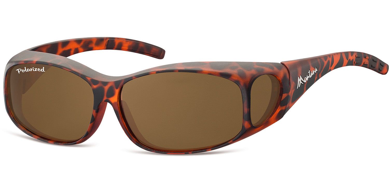 Sonnen-Überbrille mit braunen Gläsern und braunem, gemustertem Rahmen. "Polarized" und "Montana" Schriftzug.