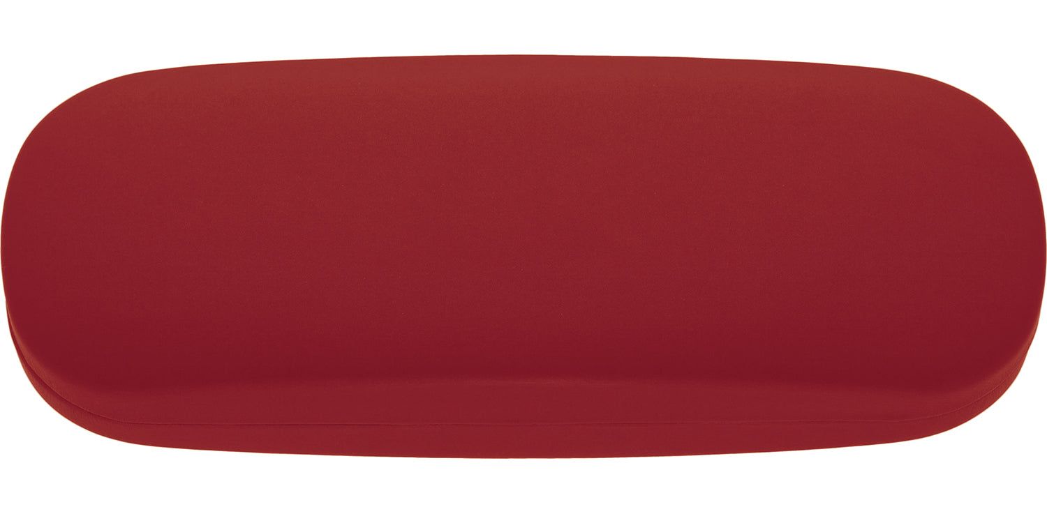 Rotes, ovales Hartschalenetui. Glatte Oberfläche, geschlossener Zustand.