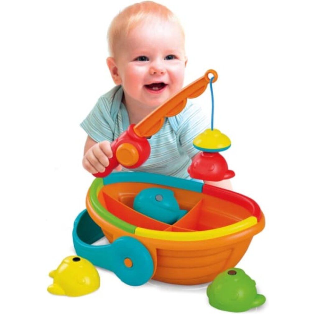 Baby spielt mit Angelspielzeug. Boot, Angelrute und Fische in bunten Farben. Kind lächelt.