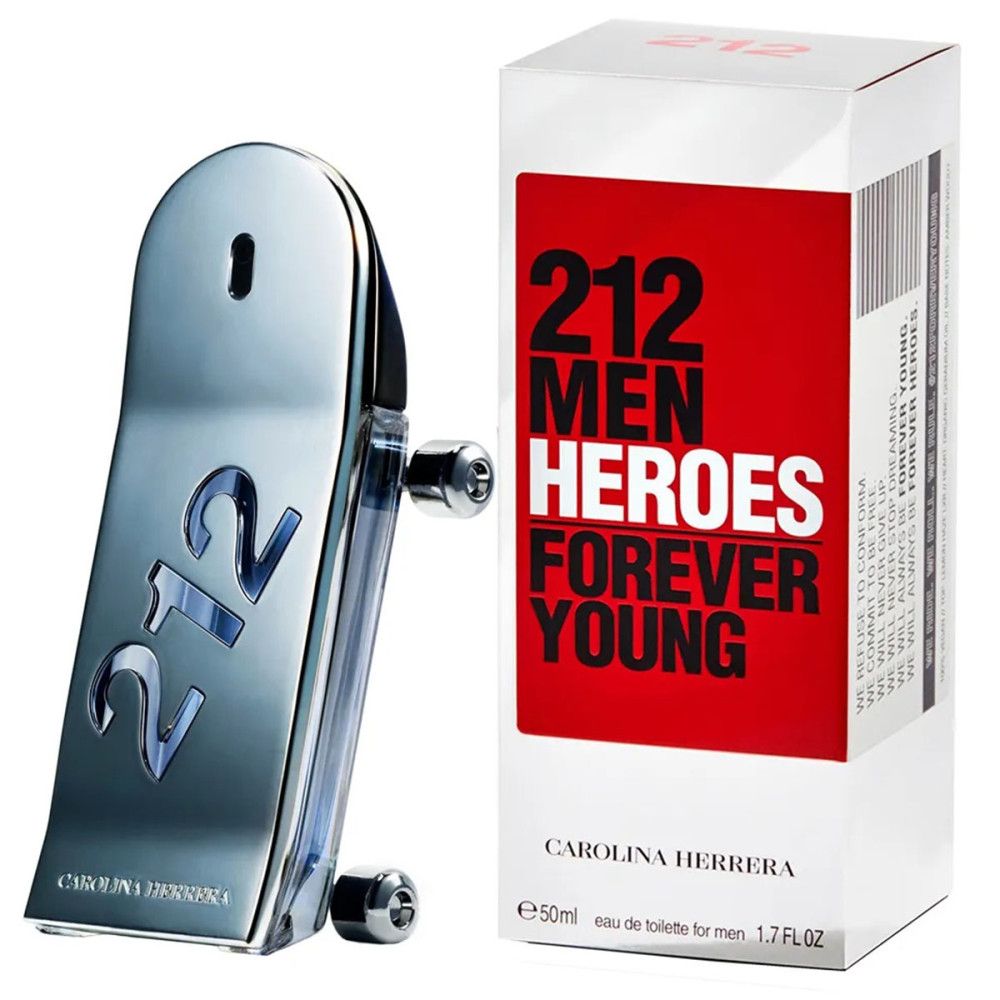 Silberfarbener Flakon in Skateboard-Form und Verpackung. Aufschrift: 212 Men Heroes, Carolina Herrera. Rote Verpackung mit weißer Schrift.