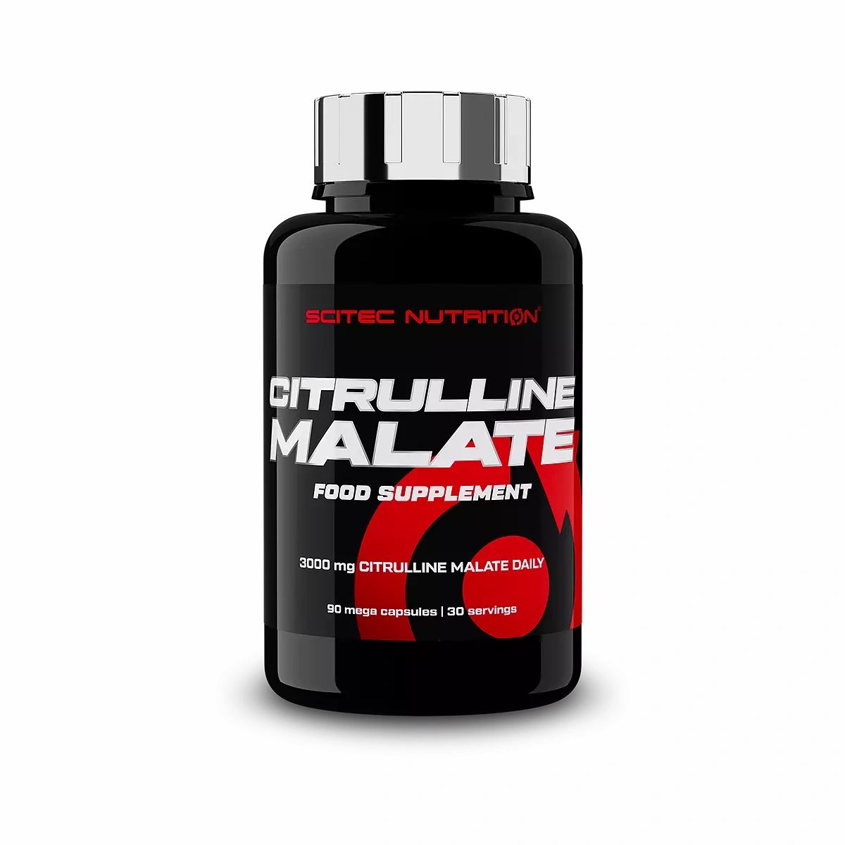 Schwarze Flasche mit silbernem Deckel. Aufschrift: Scitec Nutrition, Citrulline Malate. Enthält 90 Kapseln.