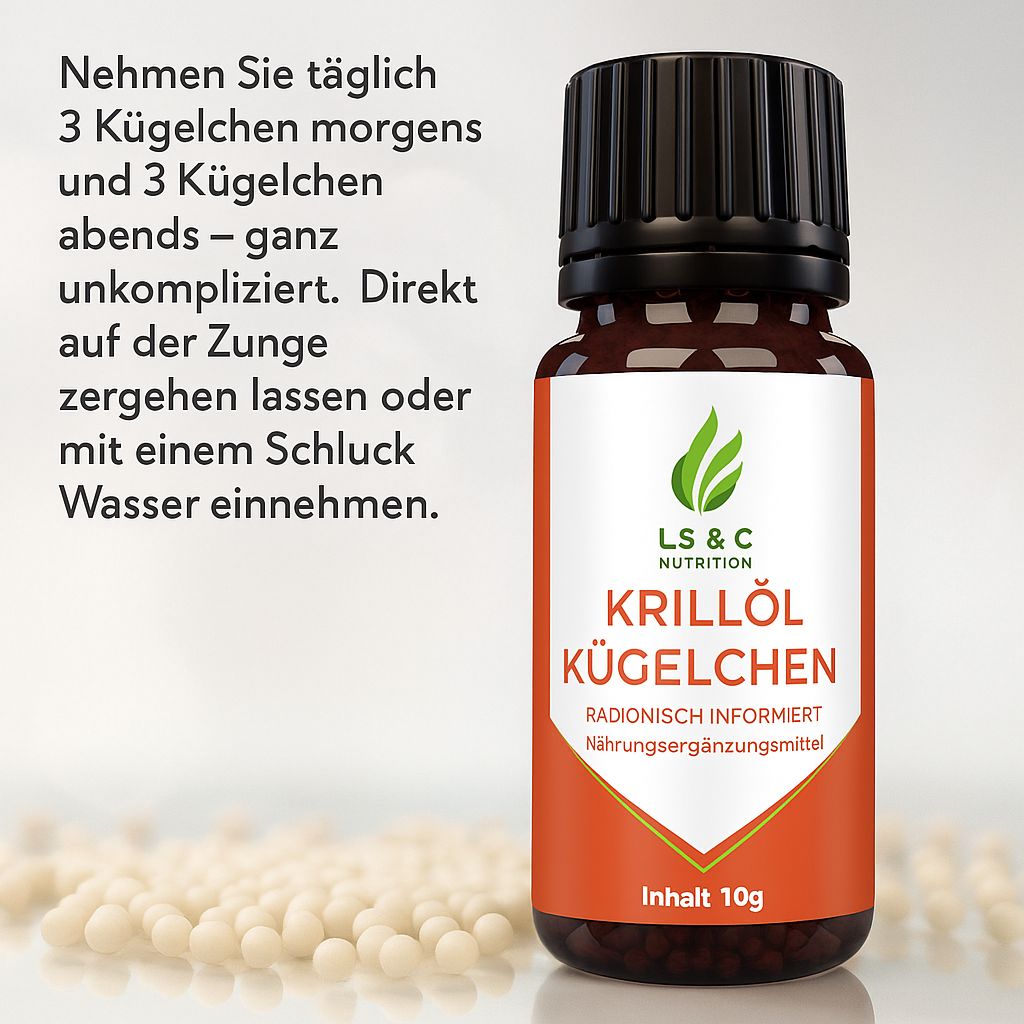 Braune Glasflasche mit schwarzem Deckel. Etikett mit Logo, Produktname und Anwendungshinweis. Kugeln daneben.