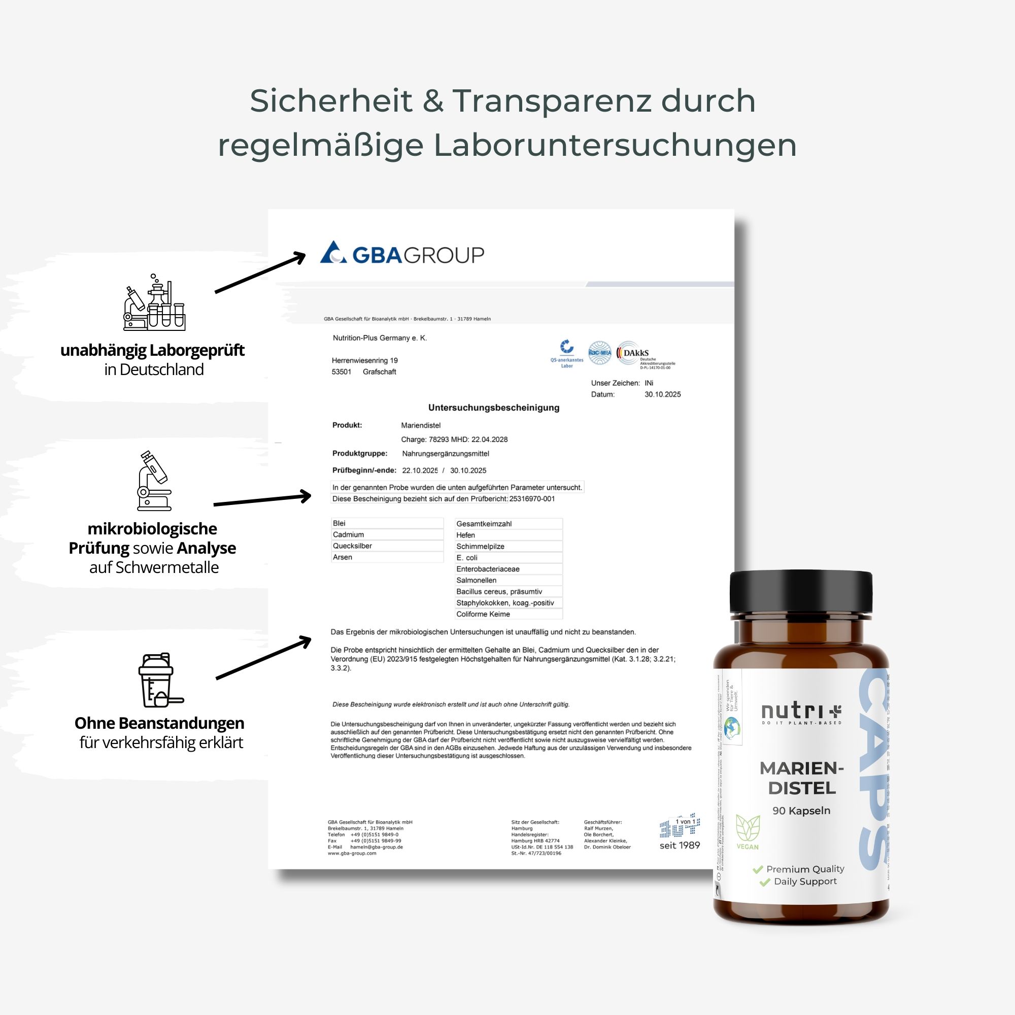 Text: Sicherheit & Transparenz durch regelmäßige Laboruntersuchungen. Flasche mit Mariendistel Kapseln.