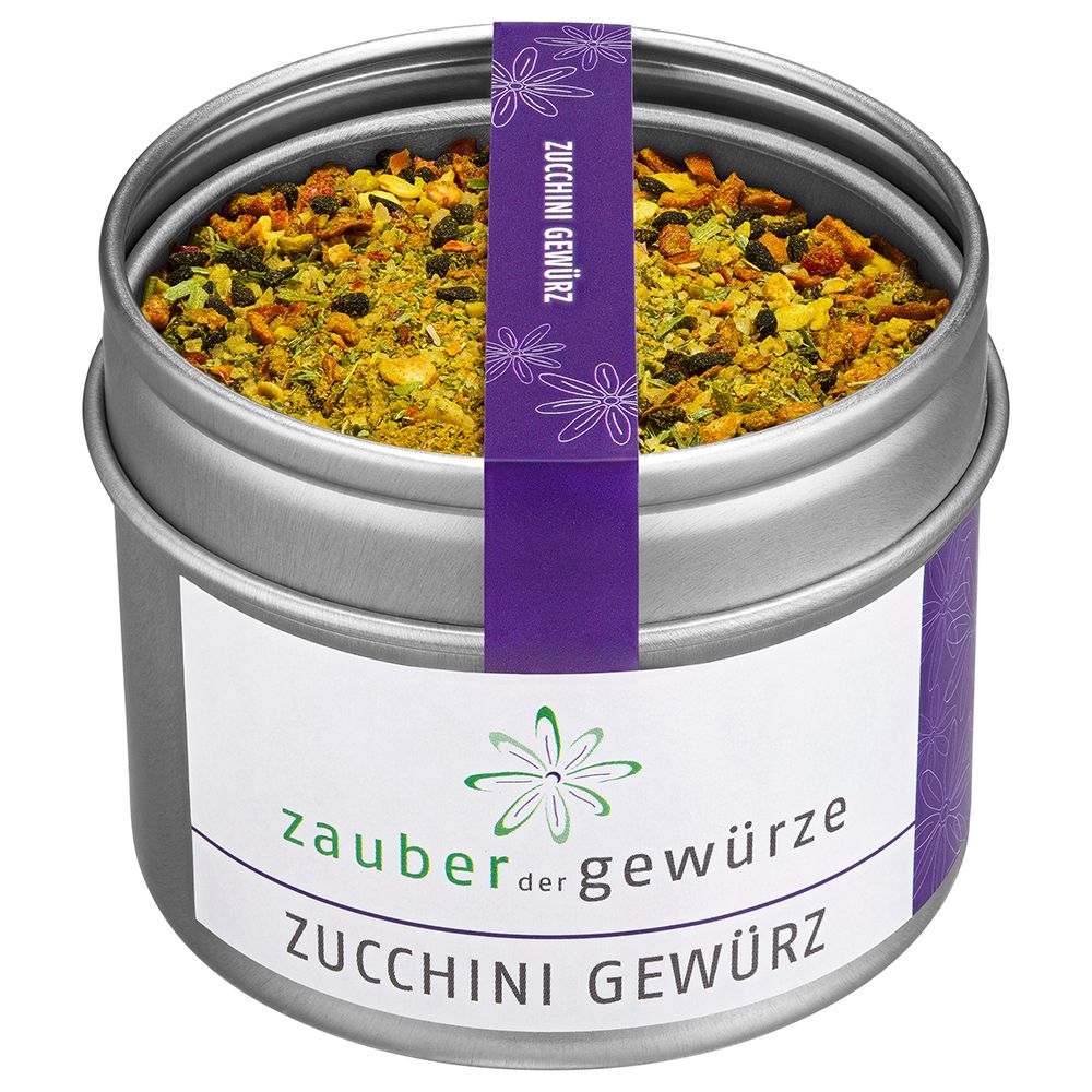 Zylindrische Dose mit Zauber der Gewürze Zucchini Gewürz. Weißes Etikett mit Produktnamen. Lila Band mit Produktnamen.