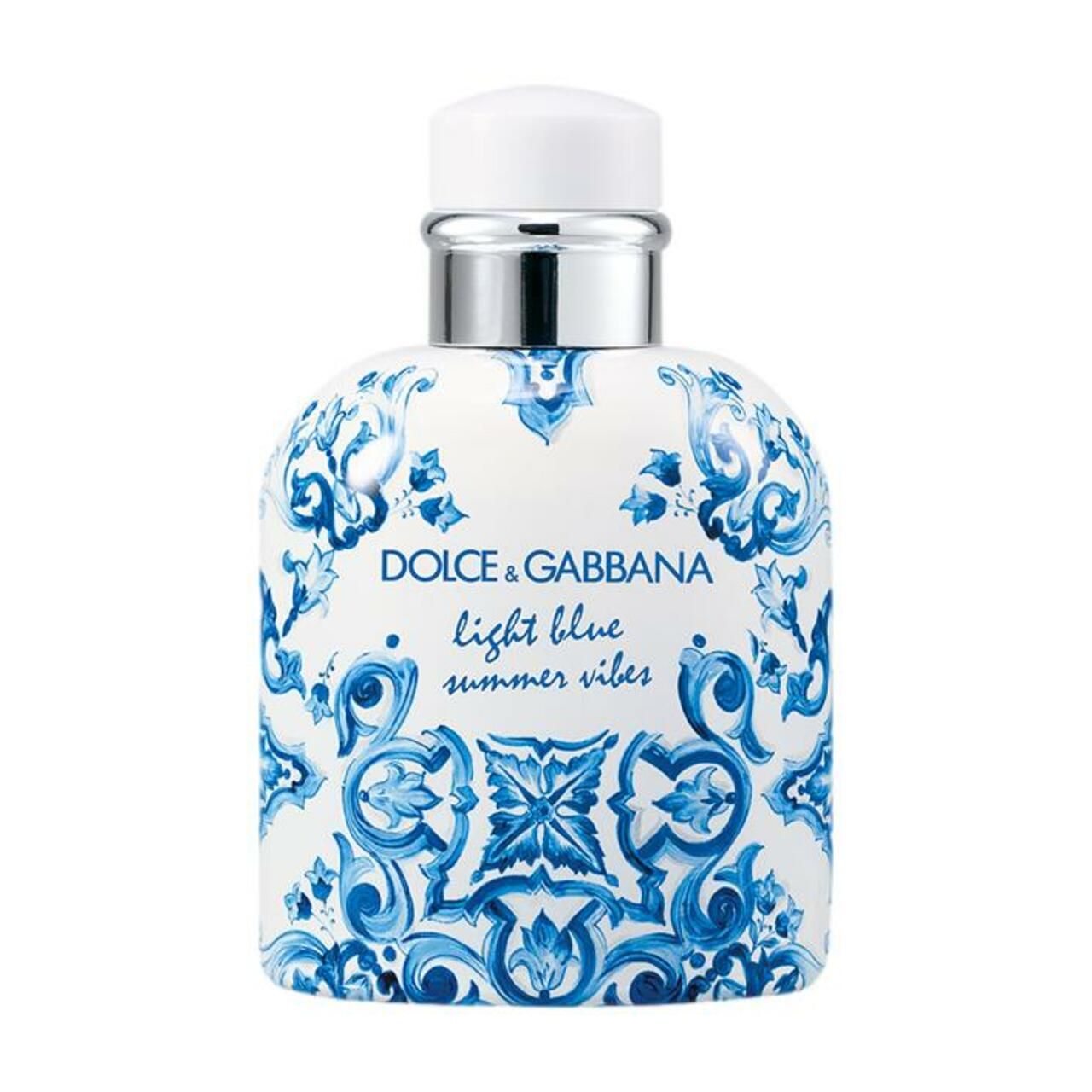 Parfümflakon mit blau-weißem Muster. Aufschrift: Dolce & Gabbana Light Blue Summer Vibes.