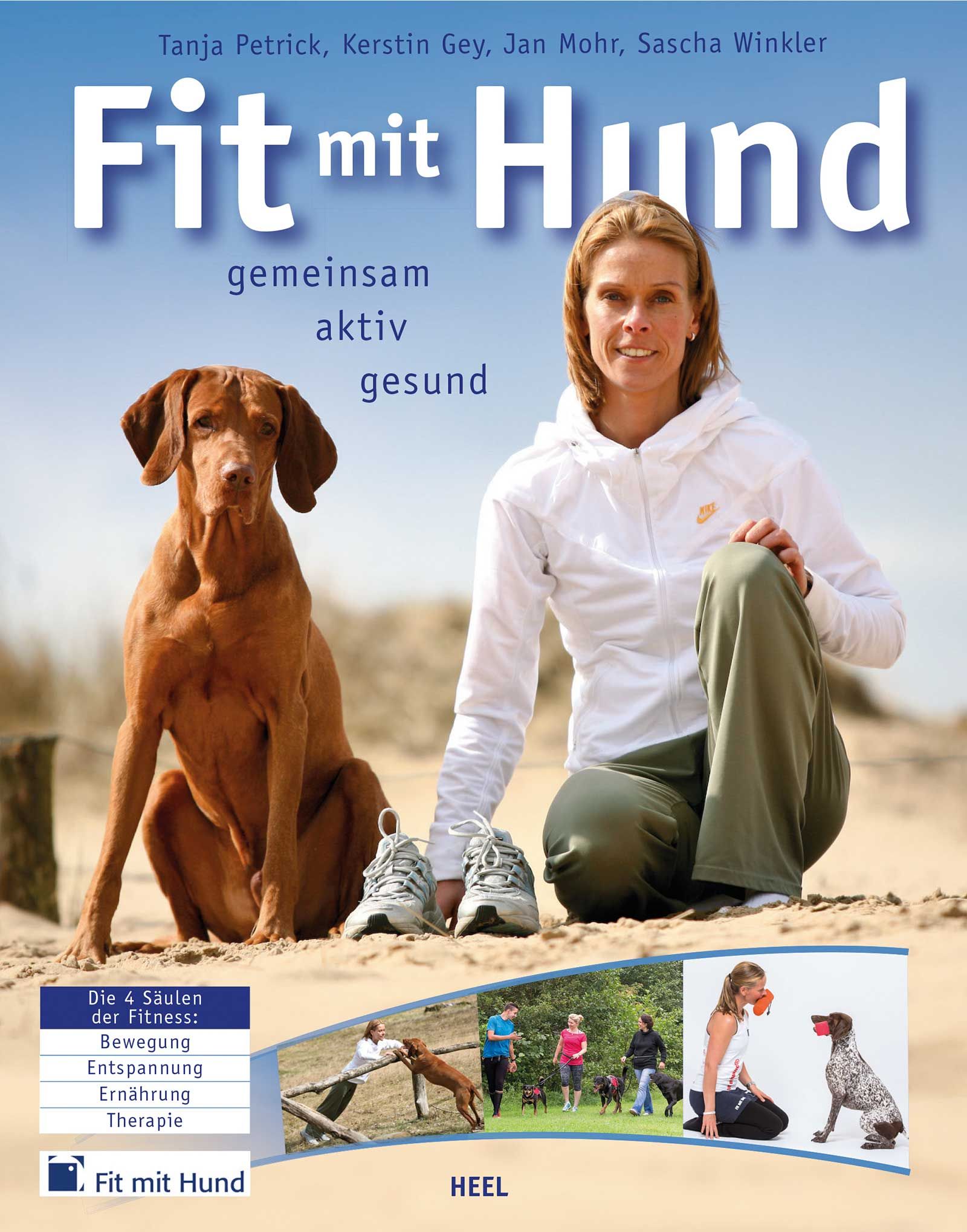 Buchcover: "Fit mit Hund". Titel in Großbuchstaben. Frau und Hund am Strand. Untertitel: gemeinsam aktiv gesund. Autorennamen.