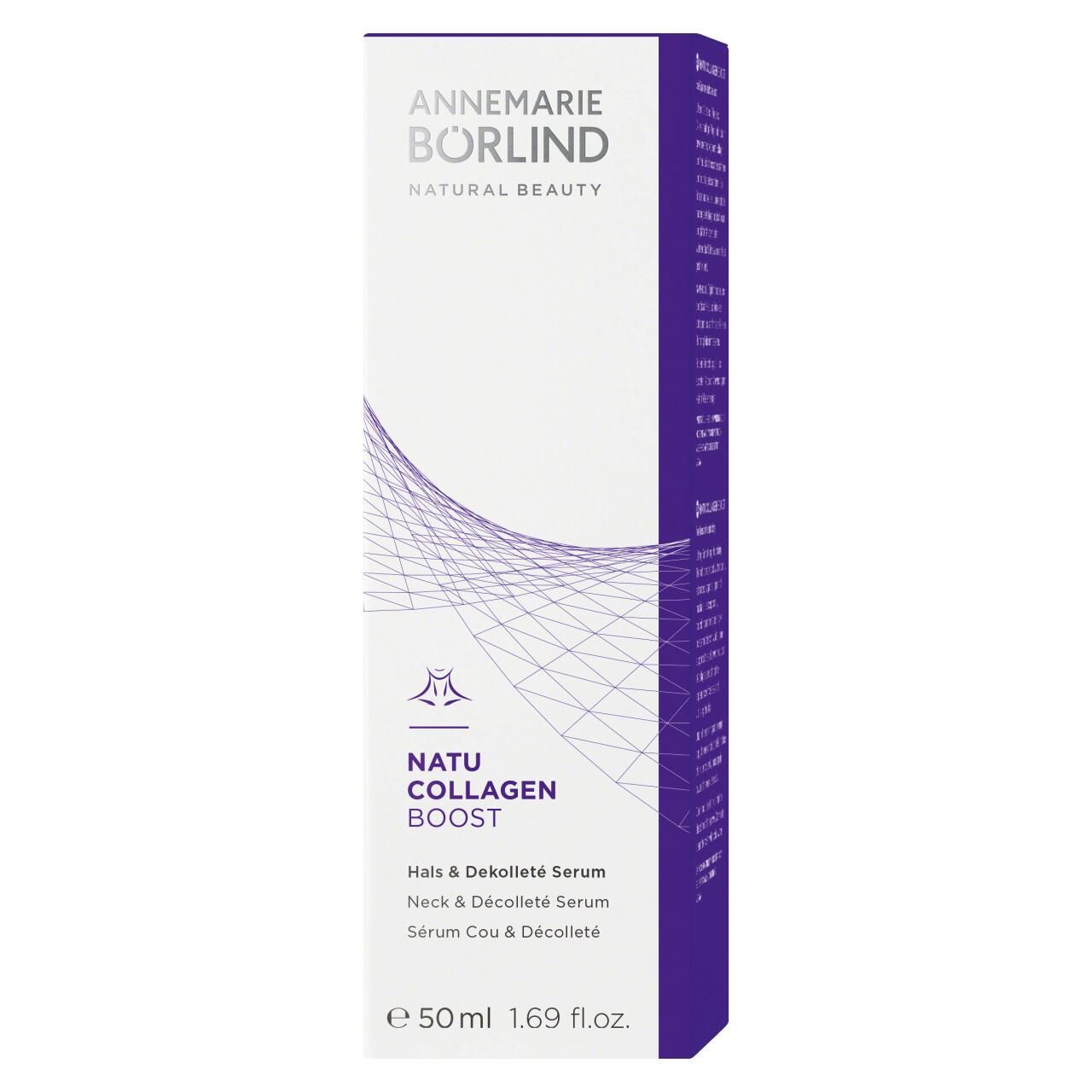 ANNEMARIE BÖRLIND Hals & Dekolleté Serum. Weiße Verpackung mit lila Akzenten. Produktname und Logo deutlich sichtbar.
