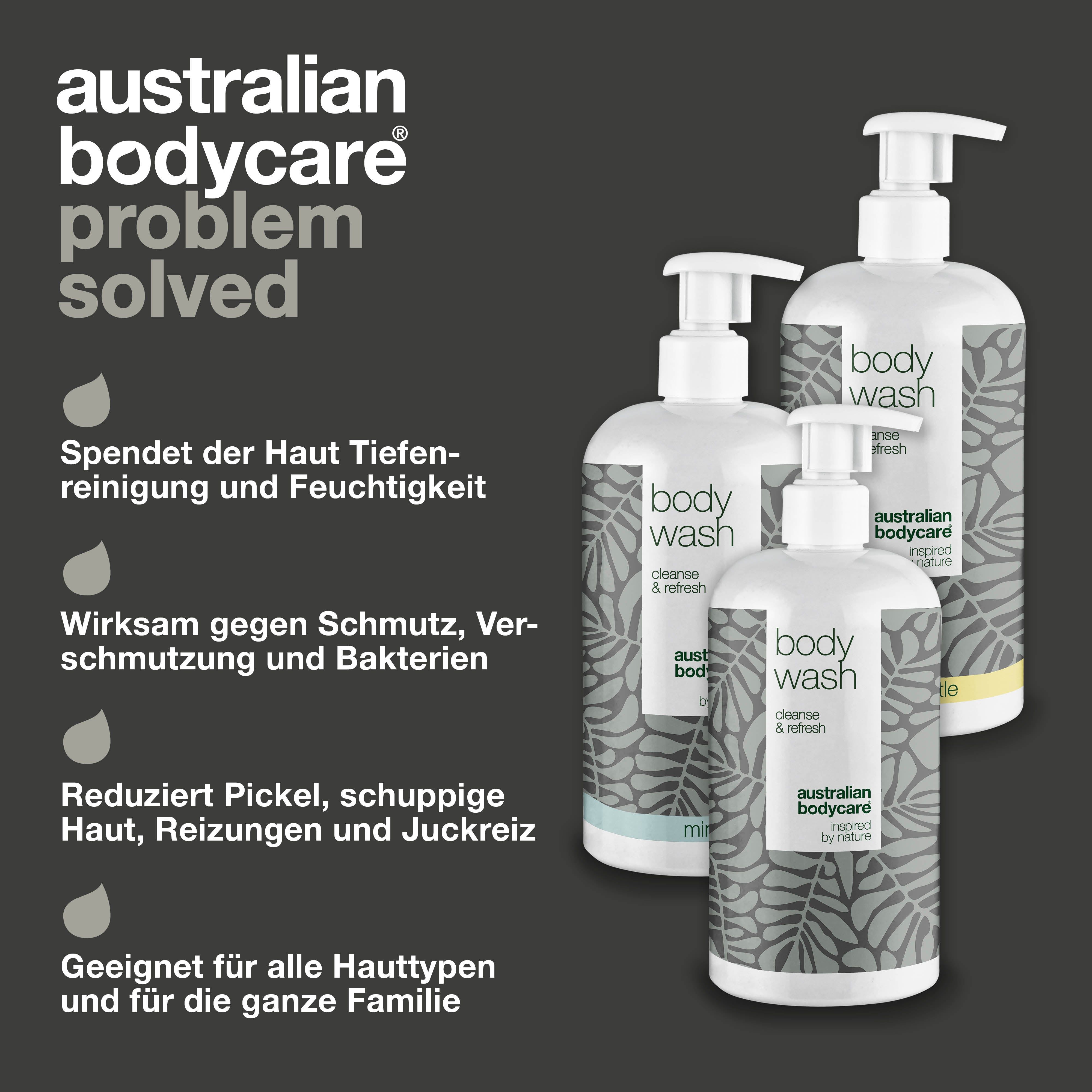 3 Flaschen body wash. Text: Spendet der Haut Tiefenreinigung und Feuchtigkeit. Wirksam gegen Schmutz, Bakterien.