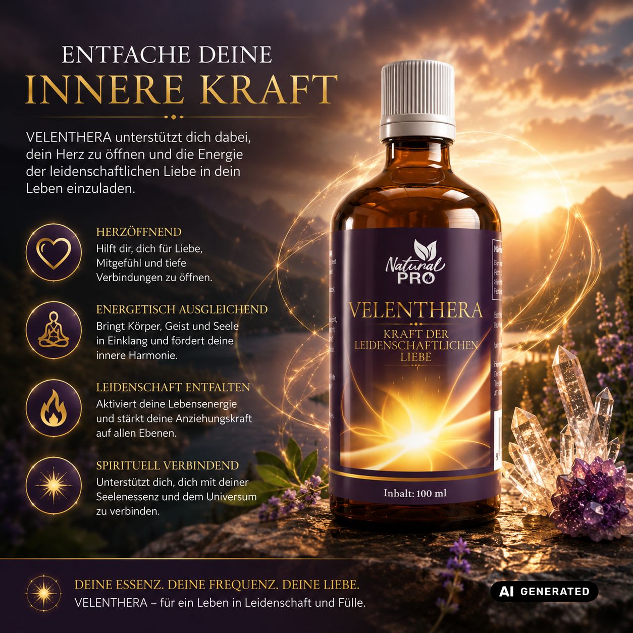 Braune Glasflasche mit weißem Schraubverschluss, gefüllt mit goldener Flüssigkeit. Das Etikett zeigt den Produktnamen und die Aufschrift "Kraft der leidenschaftlichen Liebe".